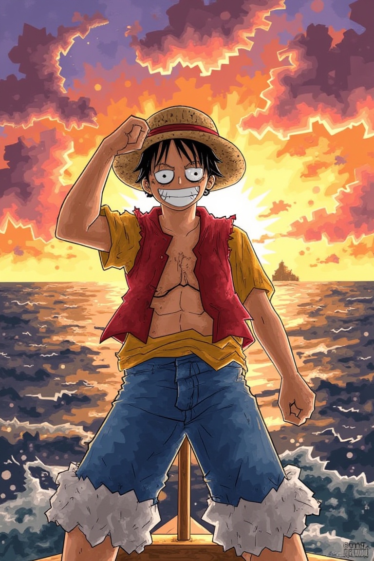 Create an image of Luffy from One Piece,  standing at the bow of the Thousand Sunny,  his straw hat tilted slightly as the...