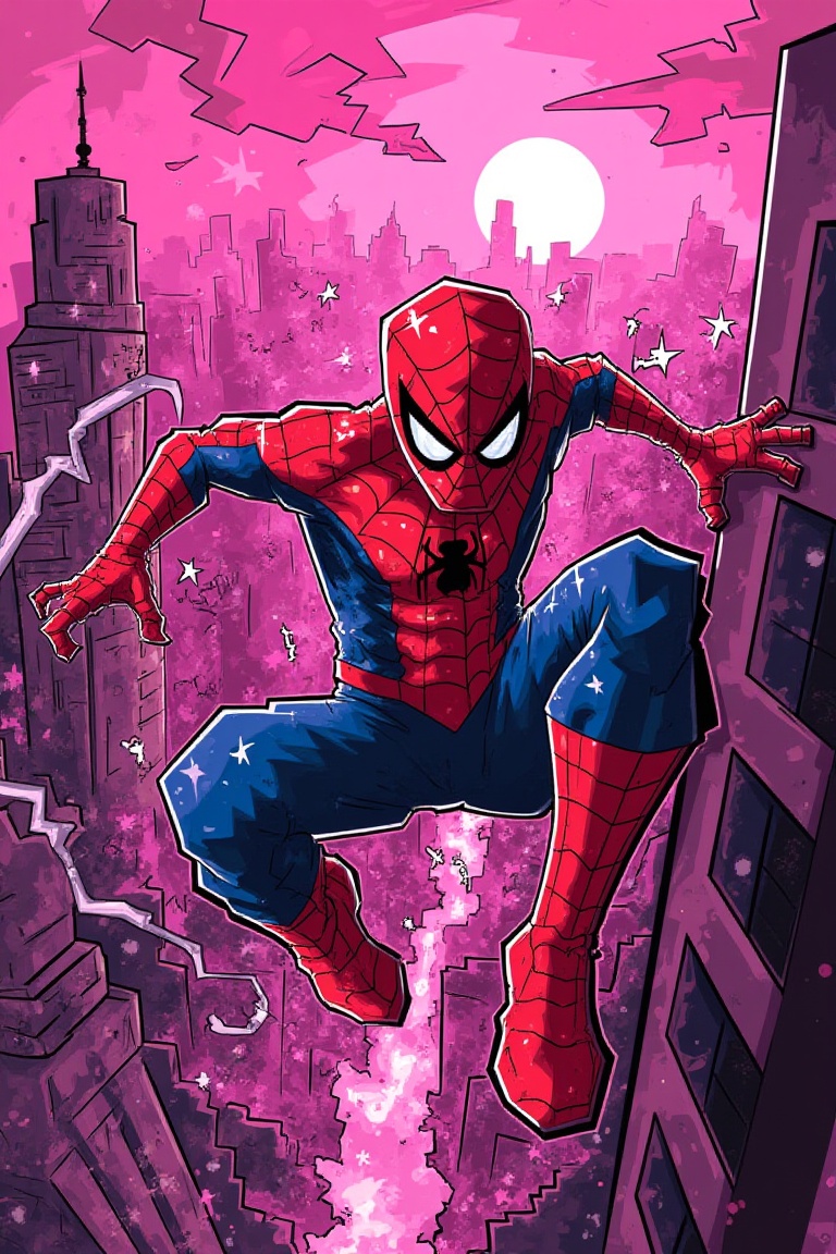 Create an image of Spider-Man in a vibrant comic book style,  swinging through a cityscape bathed in a neon pink hue. His...