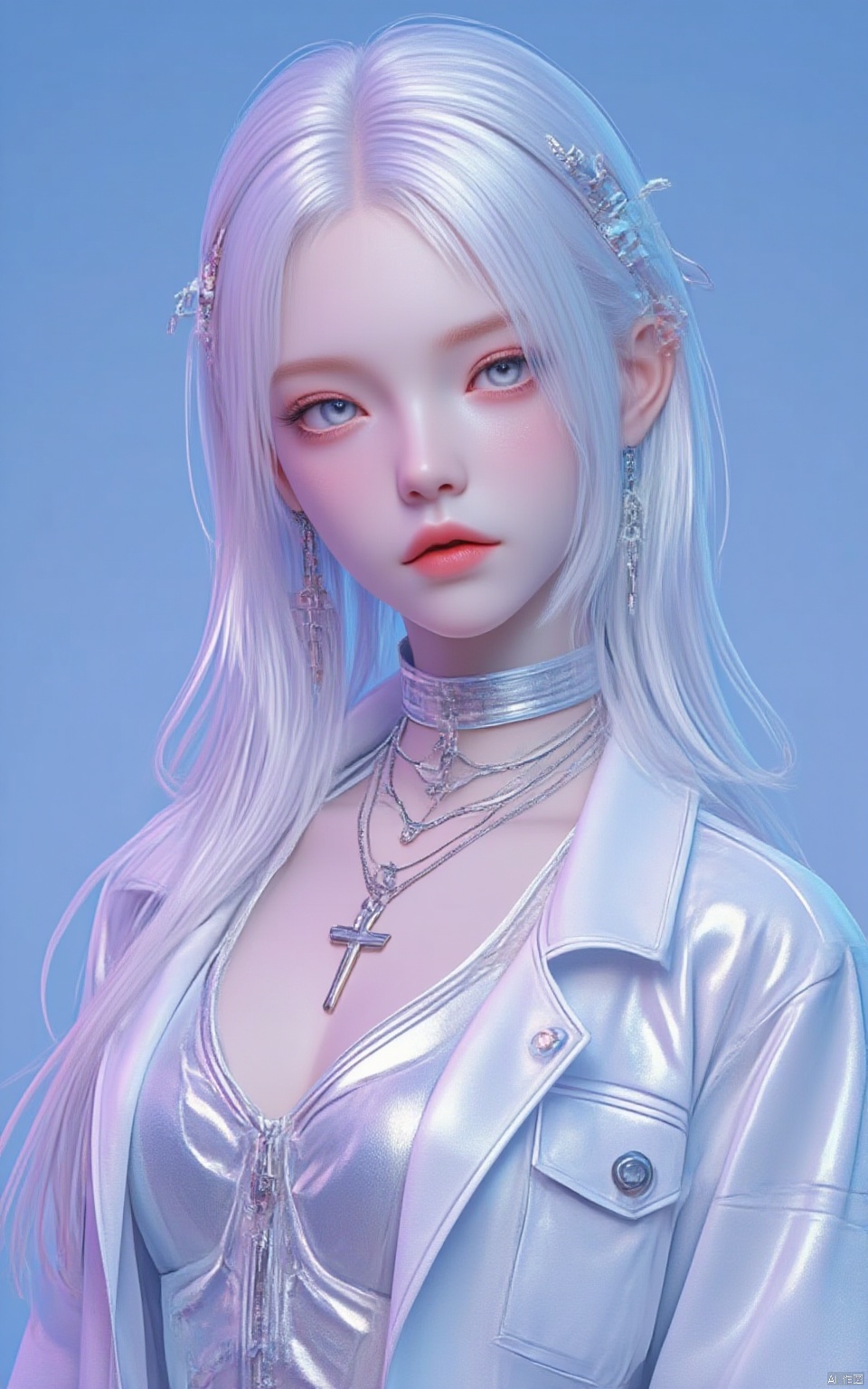 1girl, solo, long hair, jewelry, necklace, breasts, cross, looking at viewer, cleavage, upper body, earrings, blue background, jacket, choker, blonde hair, white hair, realistic, red lips, lips, grey eyes, simple background, medium breasts, blue eyes, makeup, open clothes, closed mouth
