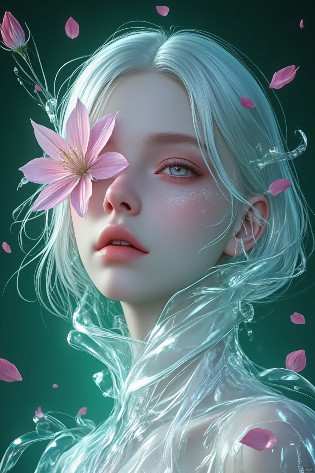 watercolor style,An Acrylic style painting that is expressive, gives it a dynamic and emotional quality. Anime art of a stylized portrait of a woman with a ethereal white and green mist surrounding her body. The mist creates a dramatic and surreal effect. A pink flower, that is blooming, covering one eye, attached to the face. The woman has a cold aesthetic, complimented by her white hair. Anime art of woman draped in shadows with a lighting that enhances her unique features. The background is dark green, filled with black rose petals.  shush, shushing motion,.,Winslow Homer style