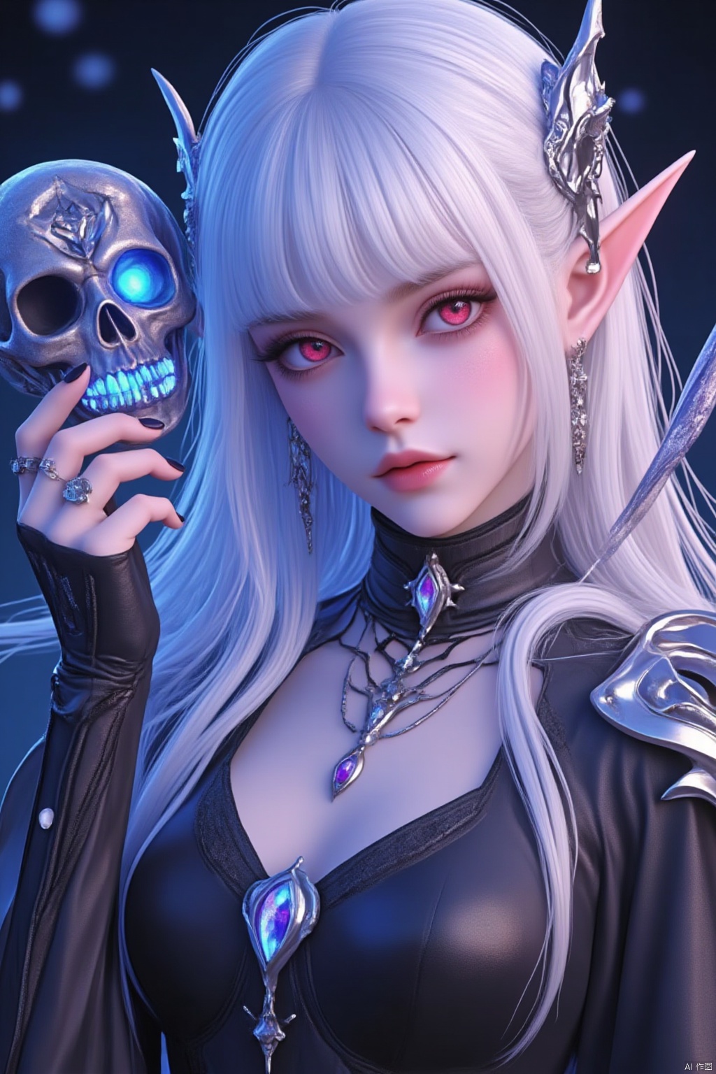 1girl, solo, long hair, looking at viewer, bangs, hair ornament, red eyes, long sleeves, dress, holding, jewelry, upper body, white hair, sidelocks, earrings, parted lips, pointy ears, hand up, blunt bangs, necklace, nail polish, lips, eyelashes, makeup, glowing, ring, elf, gem, glowing eyes, skull, snake, realistic, nose, red lips, holding skull
