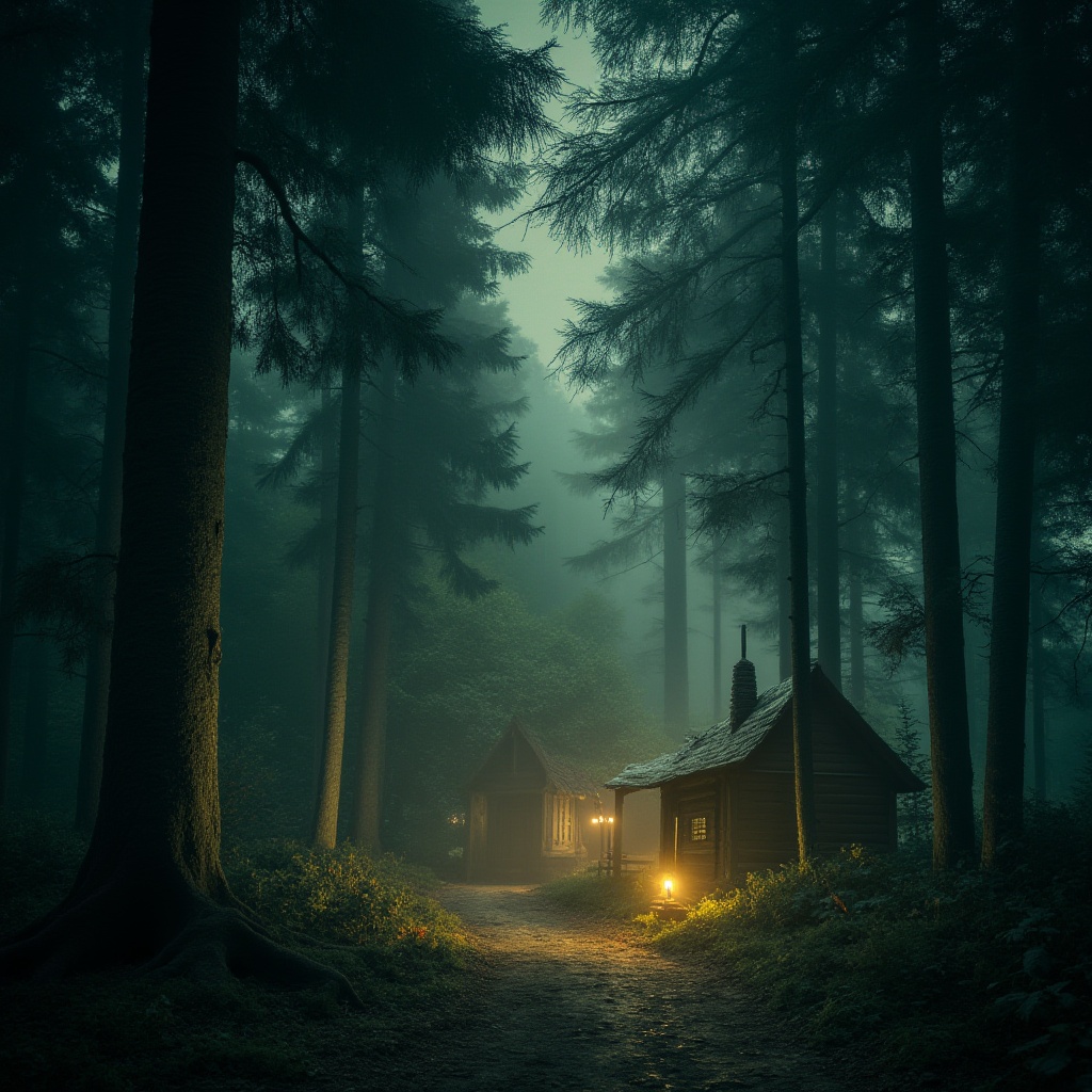 Elf village in the forest,  casas suspendidas del sueño aferradas a los árboles,  night atmosphere. Medieval atmosphere. O...
