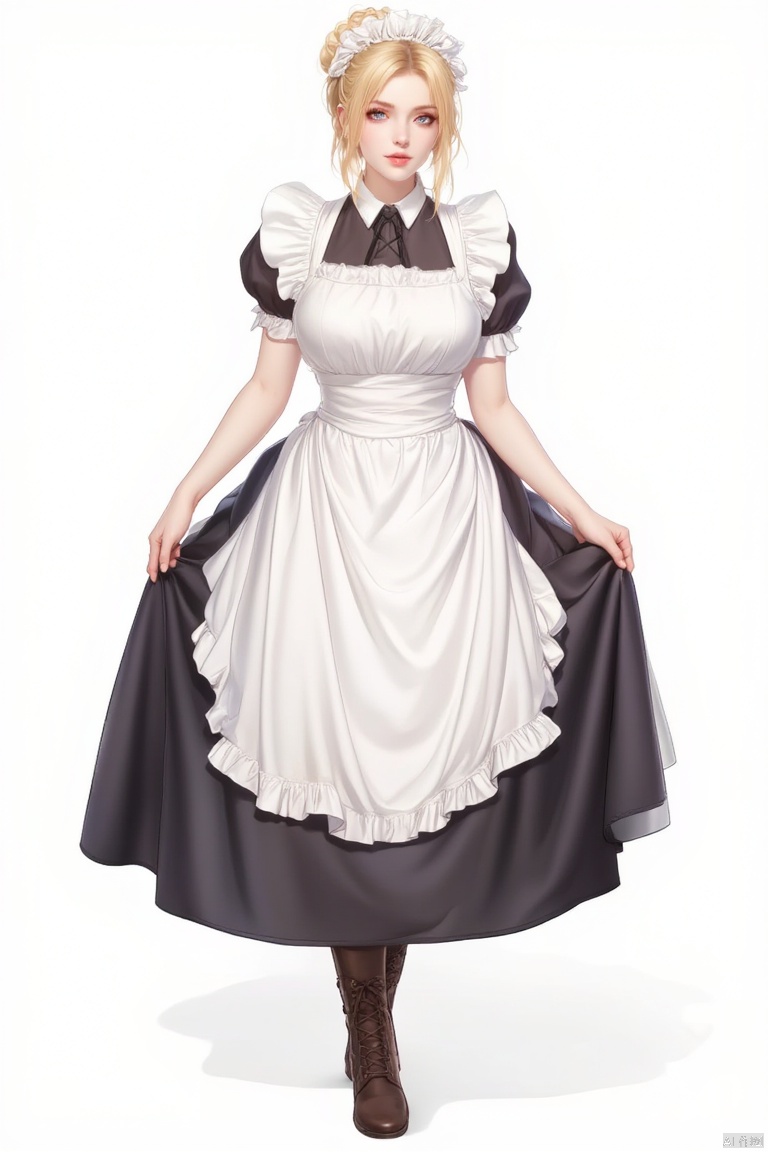 1girl solo breasts blue eyes blonde hair large breasts hat dress full body short sleeves sidelocks boots frills one eye closed puffy sleeves hair bun apron black dress maid maid headdress brown footwear single hair bun mob cap white apron maid apron cross-laced footwear lace-up boots