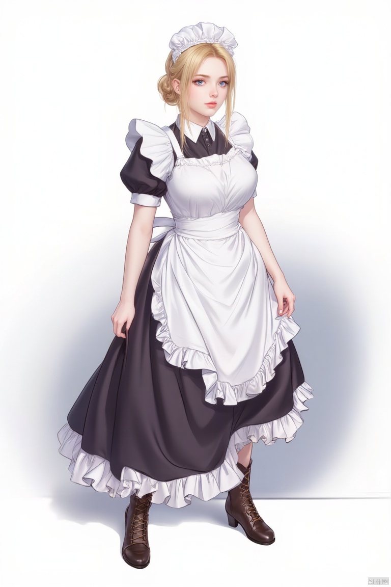 1girl solo breasts blue eyes blonde hair large breasts hat dress full body short sleeves sidelocks boots frills one eye closed puffy sleeves hair bun apron black dress maid maid headdress brown footwear single hair bun mob cap white apron maid apron cross-laced footwear lace-up boots