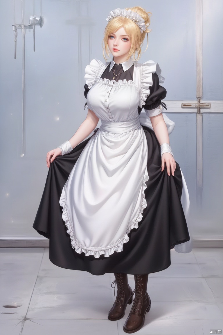 1girl solo breasts blue eyes blonde hair large breasts hat dress full body short sleeves sidelocks boots frills one eye closed puffy sleeves hair bun apron black dress maid maid headdress brown footwear single hair bun mob cap white apron maid apron cross-laced footwear lace-up boots
