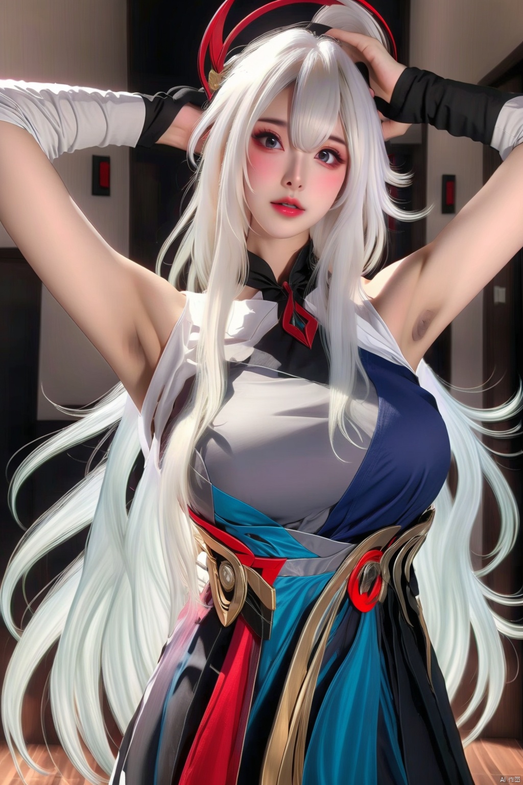 1girl
solo
long hair
breasts
looking at viewer
hair ornament
dress
bare shoulders
white hair
multicolored hair
parted lips
sleeveless
indoors
armpits
arm up
lips
gradient hair
hand on own head

