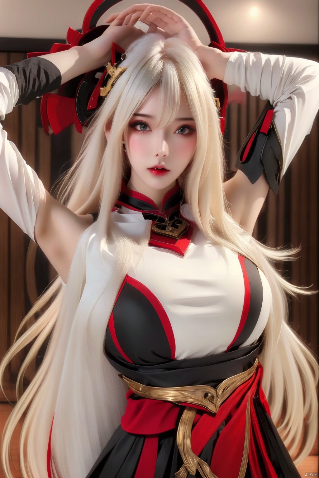 1girl, solo, long hair, breasts, looking at viewer, blush, bangs, skirt, large breasts, shirt, hair ornament, hair between eyes, bare shoulders, very long hair, white hair, multicolored hair, parted lips, detached sleeves, sleeveless, artist name, indoors, signature, armpits, arm up, lips, sleeveless shirt, red lips, hand on own head
