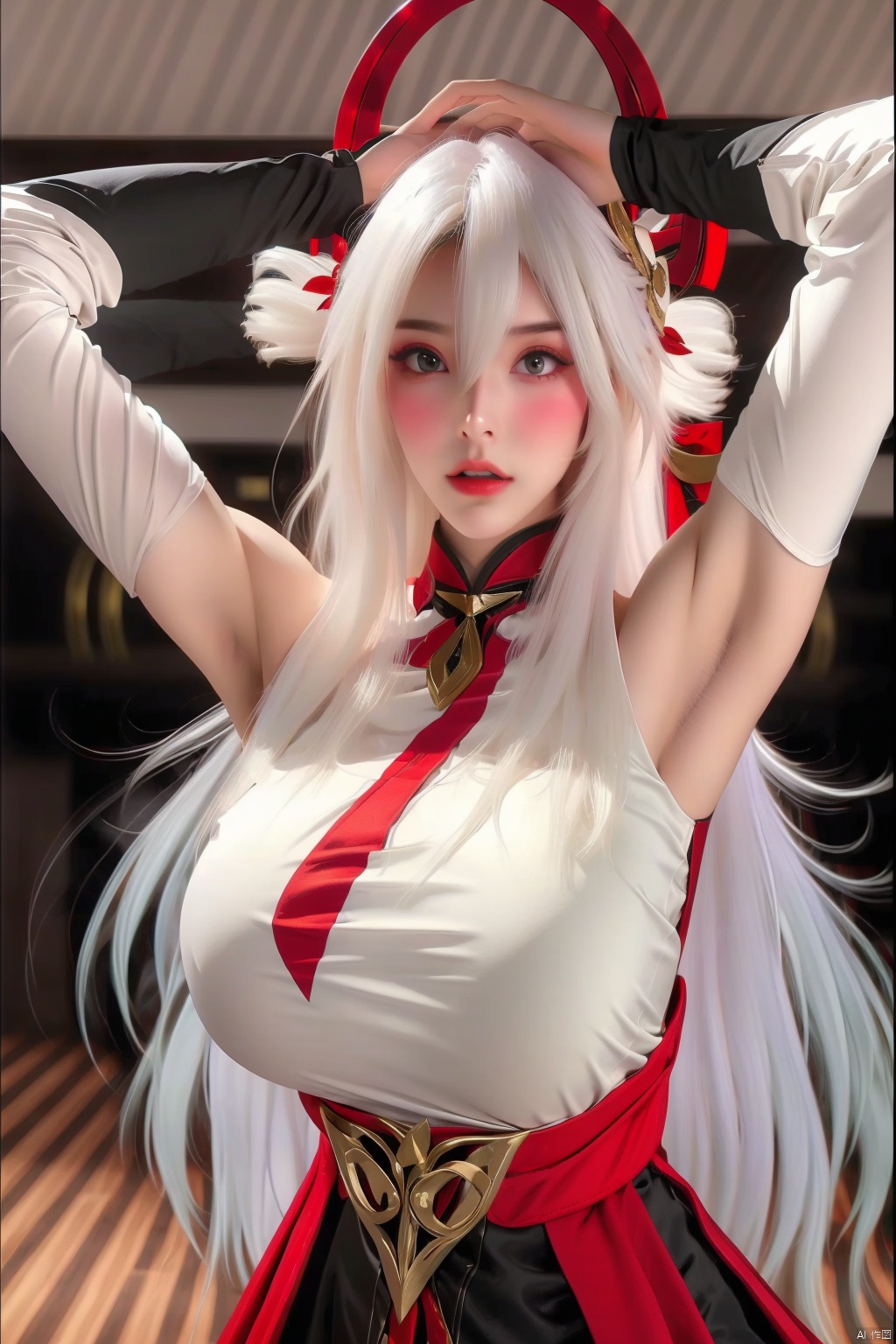 1girl, solo, long hair, breasts, looking at viewer, blush, bangs, skirt, large breasts, shirt, hair ornament, hair between eyes, bare shoulders, very long hair, white hair, multicolored hair, parted lips, detached sleeves, sleeveless, artist name, indoors, signature, armpits, arm up, lips, sleeveless shirt, red lips, hand on own head