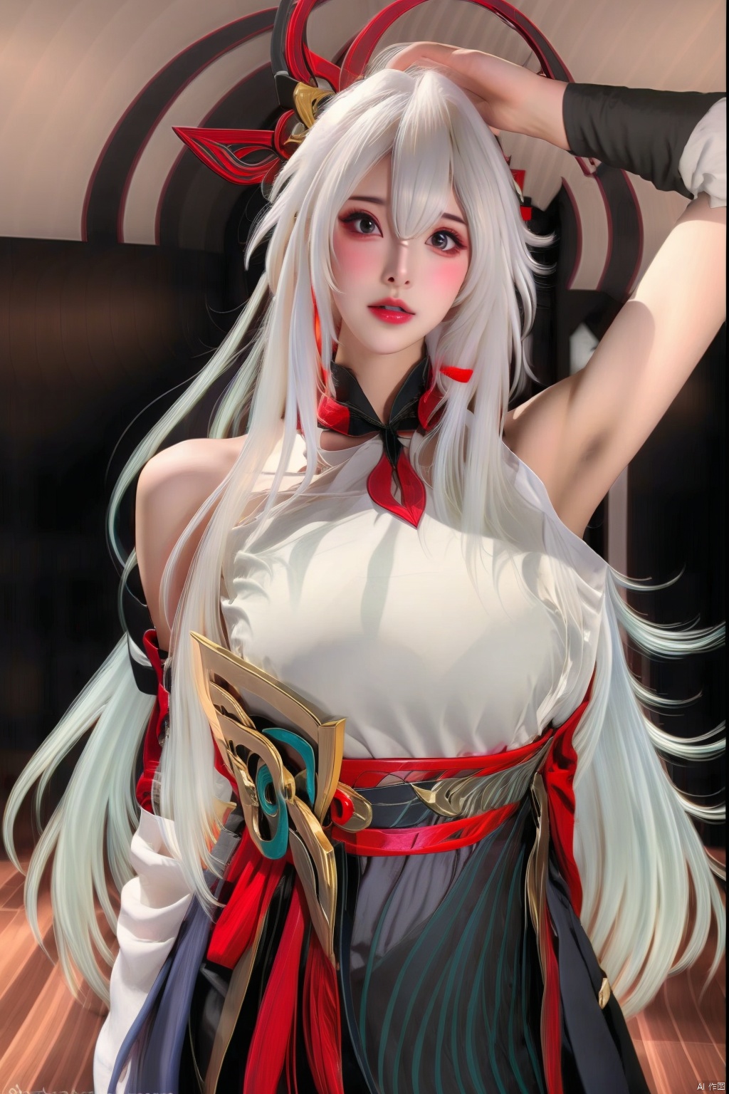 1girl
solo
long hair
breasts
looking at viewer
hair ornament
dress
bare shoulders
white hair
multicolored hair
parted lips
sleeveless
indoors
armpits
arm up
lips
gradient hair
hand on own head
