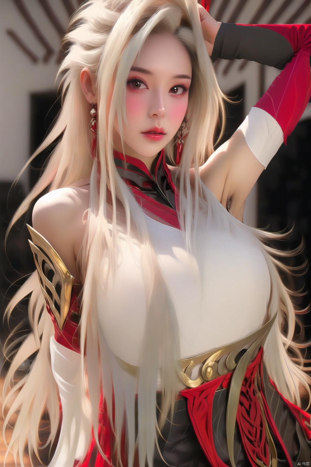 1girl, solo, long hair, breasts, looking at viewer, blush, bangs, skirt, large breasts, shirt, hair ornament, hair between eyes, bare shoulders, very long hair, white hair, multicolored hair, parted lips, detached sleeves, sleeveless, artist name, indoors, signature, armpits, arm up, lips, sleeveless shirt, red lips,