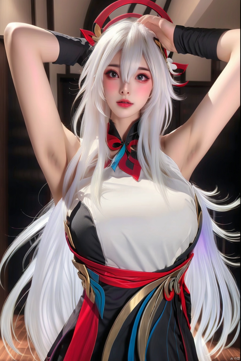 1girl
solo
long hair
breasts
looking at viewer
hair ornament
dress
bare shoulders
white hair
multicolored hair
parted lips
sleeveless
indoors
armpits
arm up
lips
gradient hair
hand on own head
