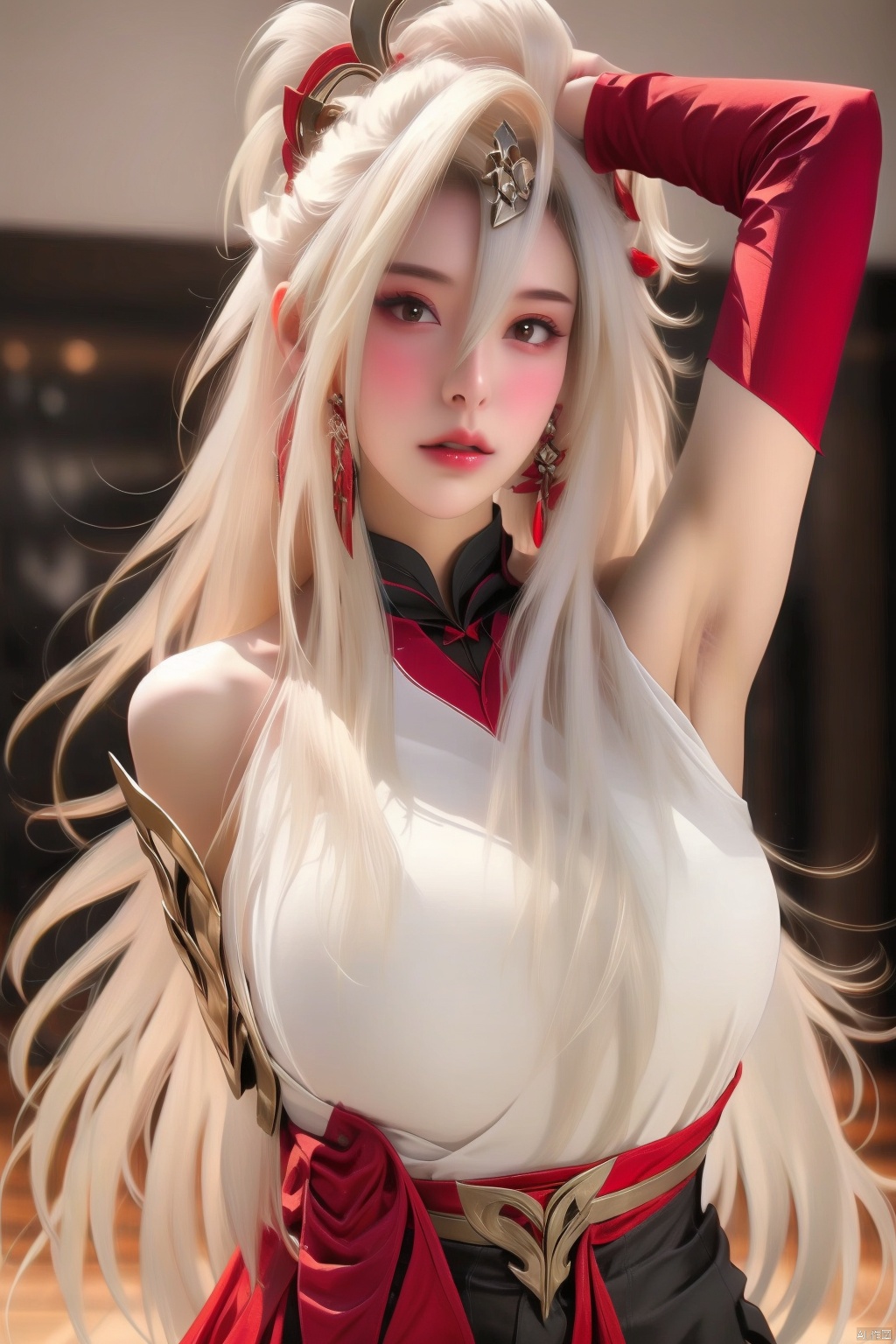 1girl, solo, long hair, breasts, looking at viewer, blush, bangs, skirt, large breasts, shirt, hair ornament, hair between eyes, bare shoulders, very long hair, white hair, multicolored hair, parted lips, detached sleeves, sleeveless, artist name, indoors, signature, armpits, arm up, lips, sleeveless shirt, red lips,
