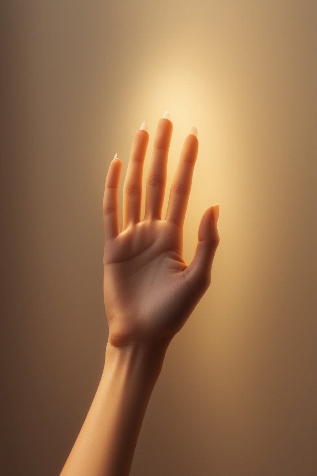FuturEvoLabBeautify,  A beautiful hand reaching upwards toward a soft,  warm light source. The fingers are elegantly stret...