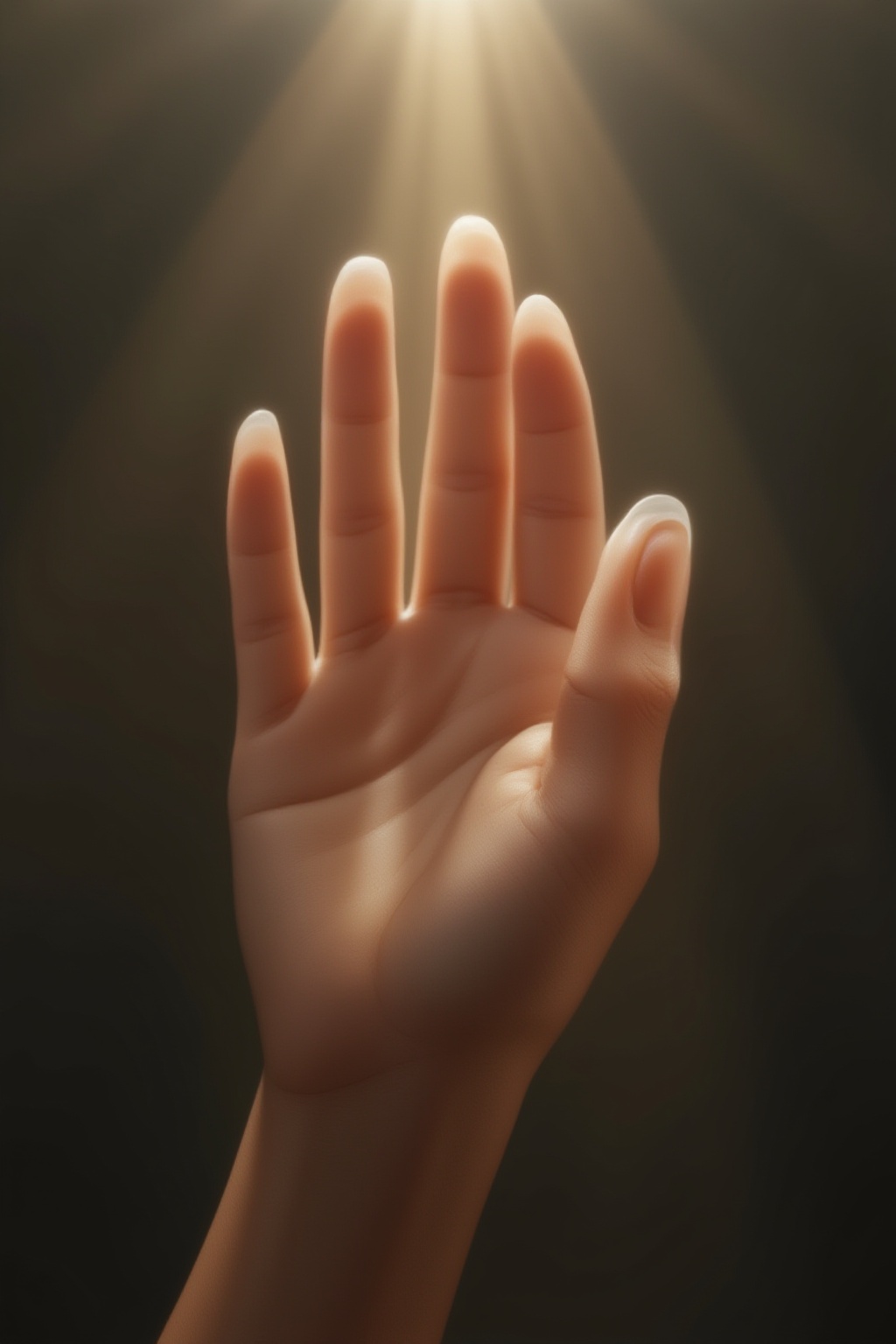 FuturEvoLabBeautify,  A beautiful hand reaching upwards toward a soft,  warm light source. The fingers are elegantly stret...