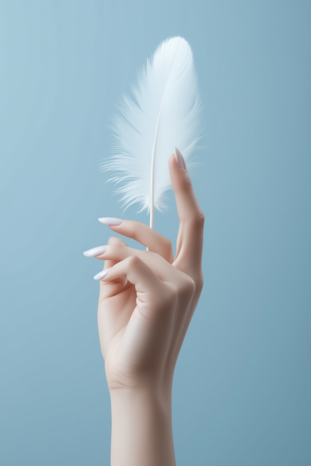 FuturEvoLabBeautify,  A delicate female hand holding a white feather between the thumb and index finger. The hand has long...
