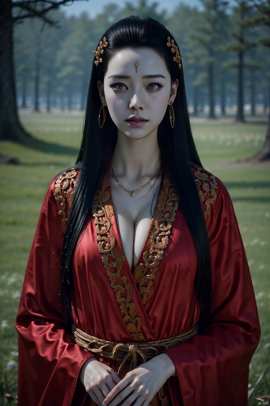  8K image. ((poakl)),1girl, solo, long hair, breasts, looking at viewer, black hair, hair ornament, long sleeves, dress, cleavage, jewelry, upper body, earrings, outdoors, necklace, blurry, blurry background, chinese clothes, realistic