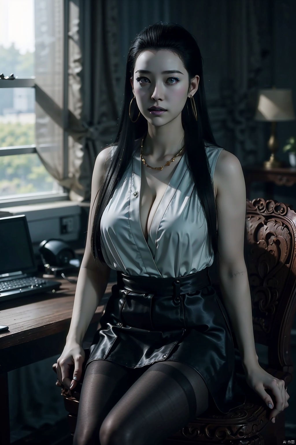  8K image. ((poakl)),黑神话悟空—亢金龙,1girl, solo, long hair, breasts, looking at viewer, skirt, large breasts, brown hair, shirt, black hair, cleavage, bare shoulders, jewelry, sitting, white shirt, pantyhose, earrings, parted lips, sleeveless, indoors, miniskirt, black skirt, necklace, lips, parted bangs, grey eyes, book, black pantyhose, window, sleeveless shirt, makeup, arm support, chair, curtains, desk, pencil skirt, hoop earrings, computer, monitor, on desk, keyboard \(computer\), sitting on desk