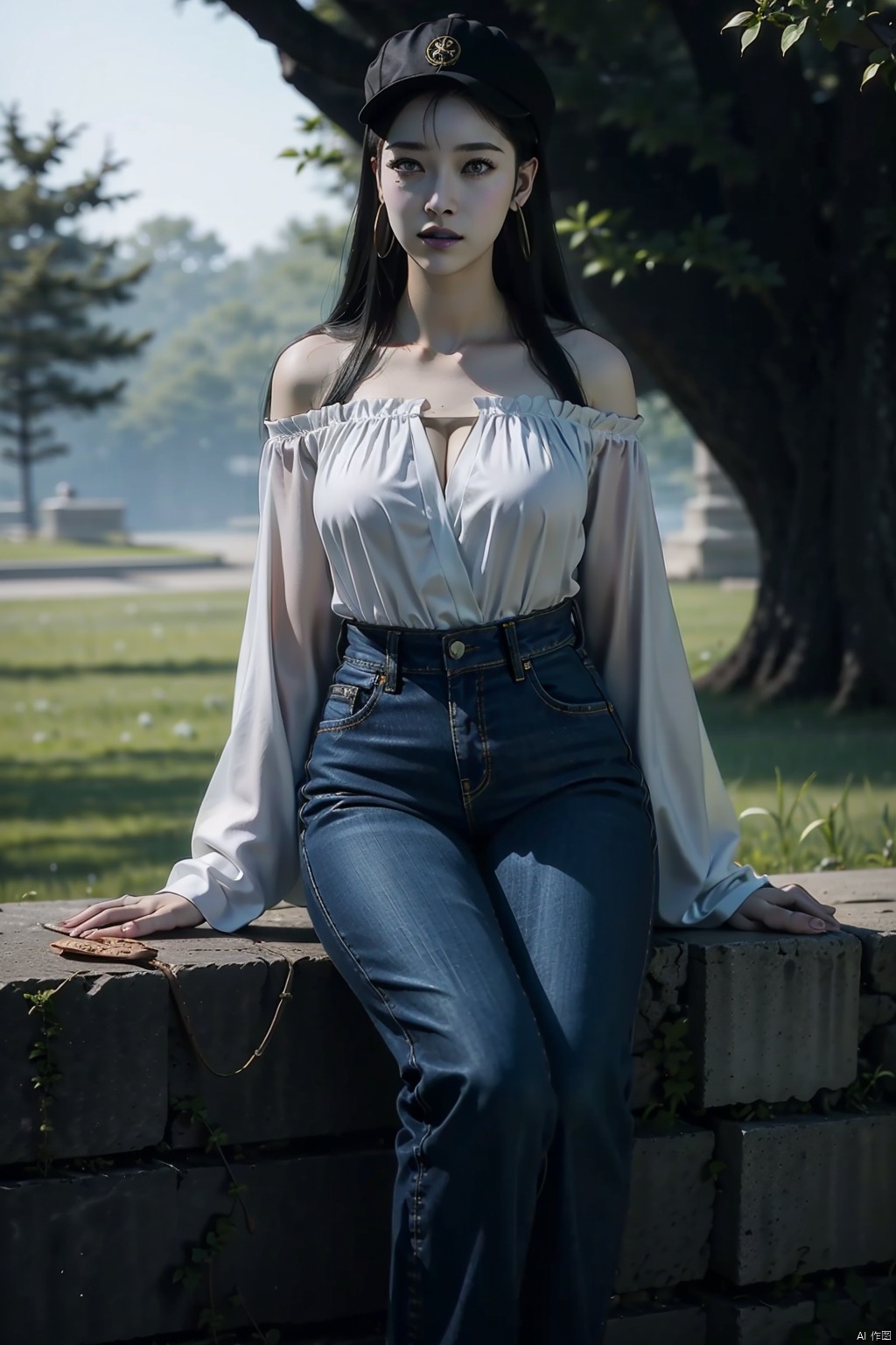  8K image. ((poakl)),黑神话悟空—亢金龙,1girl, solo, long hair, breasts, looking at viewer, large breasts, brown hair, shirt, black hair, long sleeves, hat, jewelry, medium breasts, sitting, jacket, white shirt, earrings, outdoors, parted lips, open clothes, day, pants, off shoulder, lips, see-through, parted bangs, feet out of frame, white headwear, sunlight, plant, denim, jeans, red lips, shirt tucked in, bush, bra visible through clothes, high-waist pants