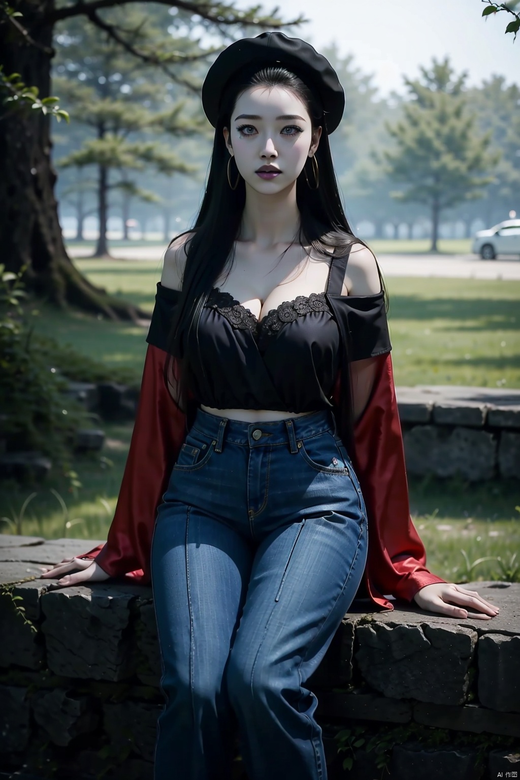  8K image. ((poakl)),黑神话悟空—亢金龙,1girl, solo, long hair, breasts, looking at viewer, large breasts, brown hair, shirt, black hair, long sleeves, hat, jewelry, medium breasts, sitting, jacket, white shirt, earrings, outdoors, parted lips, open clothes, day, pants, off shoulder, lips, see-through, parted bangs, feet out of frame, white headwear, sunlight, plant, denim, jeans, red lips, shirt tucked in, bush, bra visible through clothes, high-waist pants