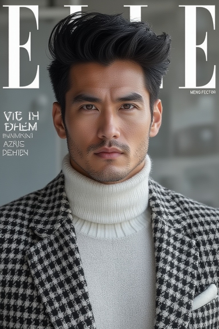 Photorealistic 8k RAW photo of a magazine cover featuring a full-body muscular man with a handsome face and tan skin,  spo...