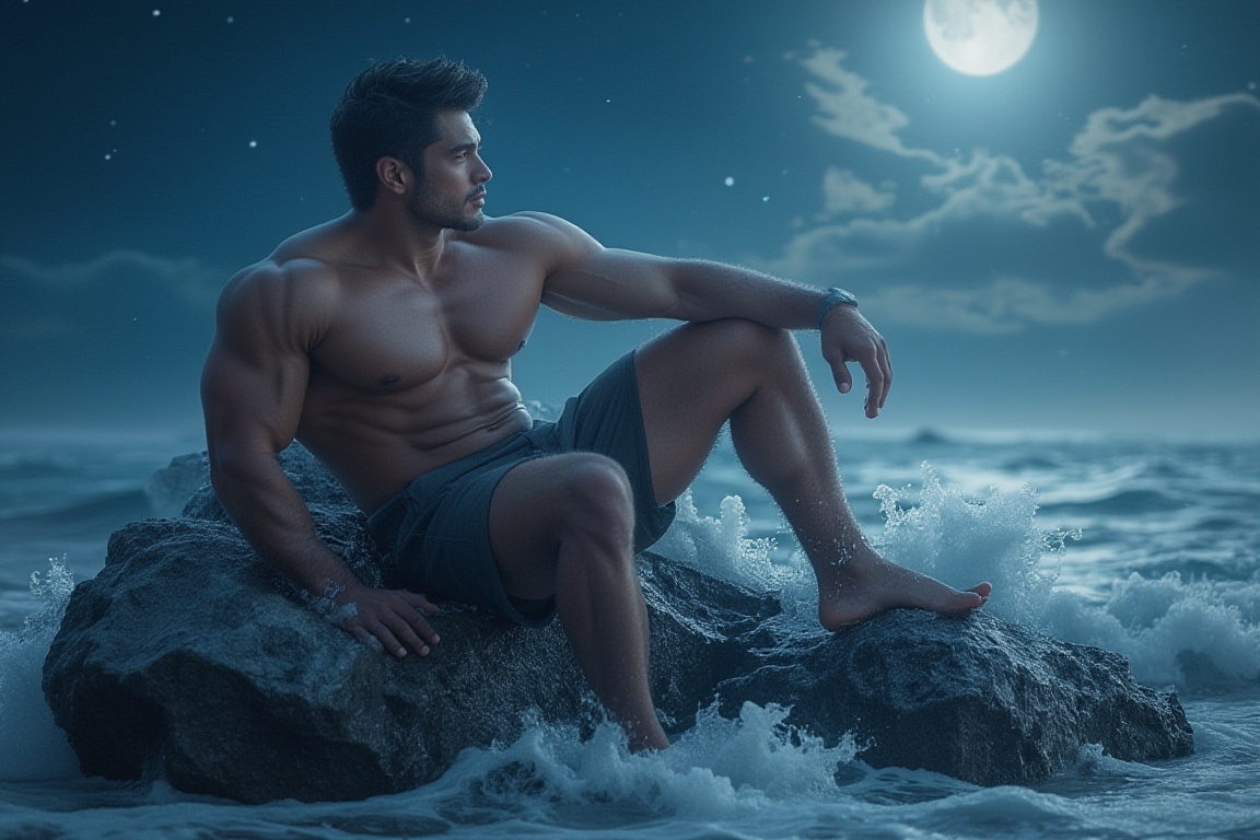 Photorealistic 8k RAW photo of a full-body muscular man with a handsome face and tan skin,  sporting short black hair and...