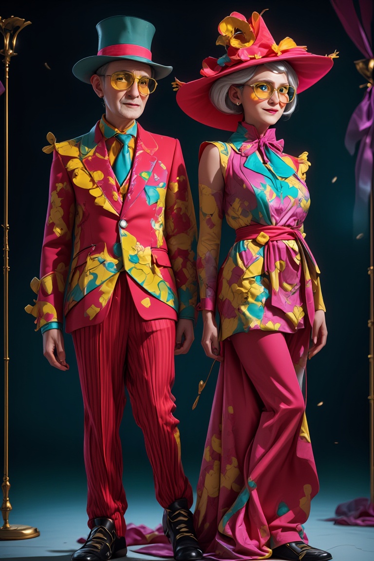 It is a stunning full-body photo of two extremely tall and skinny quirky elderly couple,  a man and a woman,  with eccentr...