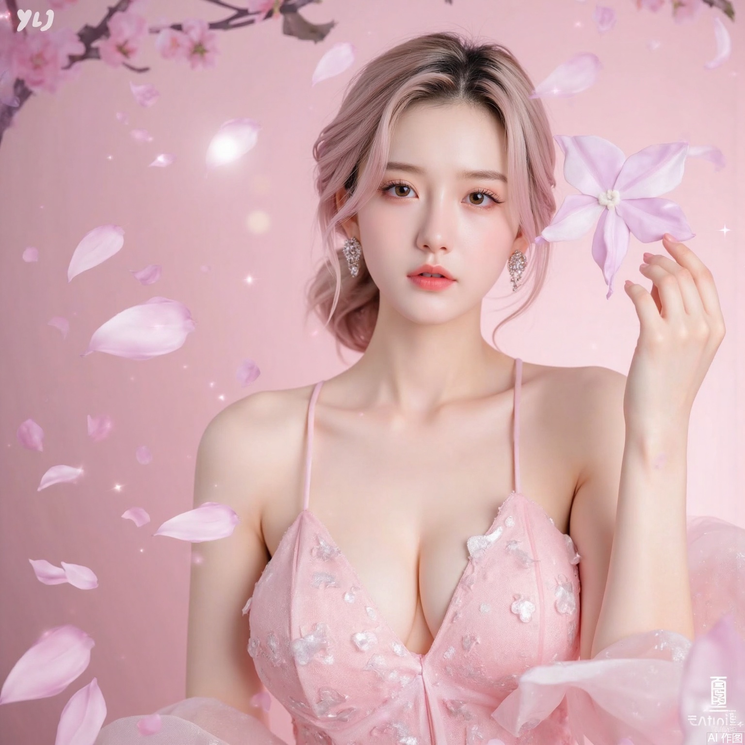 ylj-hd,1 girl,earrings,eyelashes,a charming face,glowing lips,clavicle,shoulder exposure,floating petals,dreamy and beautiful,medium breasts,cleavge,(upper_body:1.6),(masterpiece, top quality, best quality, official art, beautiful and aesthetic:1.2),