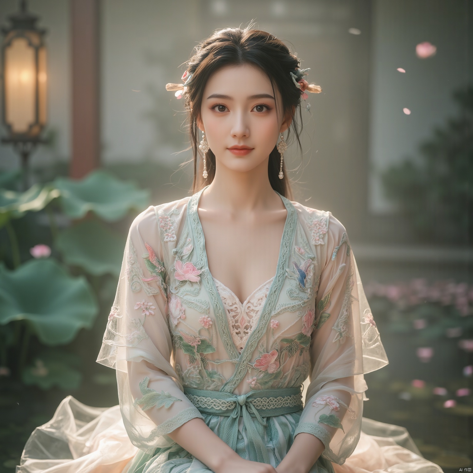  (1girl:1.1), (Lace pink-green skirt:1.39), on Stomach,aqua_earrings,Lights, lanterns, chang,(huge breasts:1.86),hanfu, Best quality, Realistic, photorealistic, masterpiece, extremely detailed CG unity 8k wallpaper, best illumination, best shadow, huge filesize ,(huge breasts:1.99) incredibly absurdres, absurdres, looking at viewer, transparent, smog, gauze, vase, petals, room, ancient Chinese style, detailed background, wide shot background,
(((black hair))),(Sitting on the lotus pond porch:1.49) ,(A pond full of pink lotus flowers:1.5),close up of 1girl,Hairpins,hair ornament,hair wings,slim,narrow waist,perfect eyes,beautiful perfect face,pleasant smile,perfect female figure,detailed skin,charming,alluring,seductive,erotic,enchanting,delicate pattern,detailed complex and rich exquisite clothing detail,delicate intricate fabrics,
Morning Serenade In the gentle morning glow, (a woman in a pink lotus-patterned Hanfu stands in an indoor courtyard:1.36),(Chinese traditional dragon and phoenix embroidered Hanfu:1.3), admiring the tranquil garden scenery. The lotus-patterned Hanfu, embellished with silver-thread embroidery, is softly illuminated by the morning light. The light mint green Hanfu imparts a sense of calm and freshness, adorned with delicate lotus patterns, with a blurred background to enhance the peaceful atmosphere, song_hanfu, tang_hanfu,Xhulianxin,Xyunxiao,Xningyao