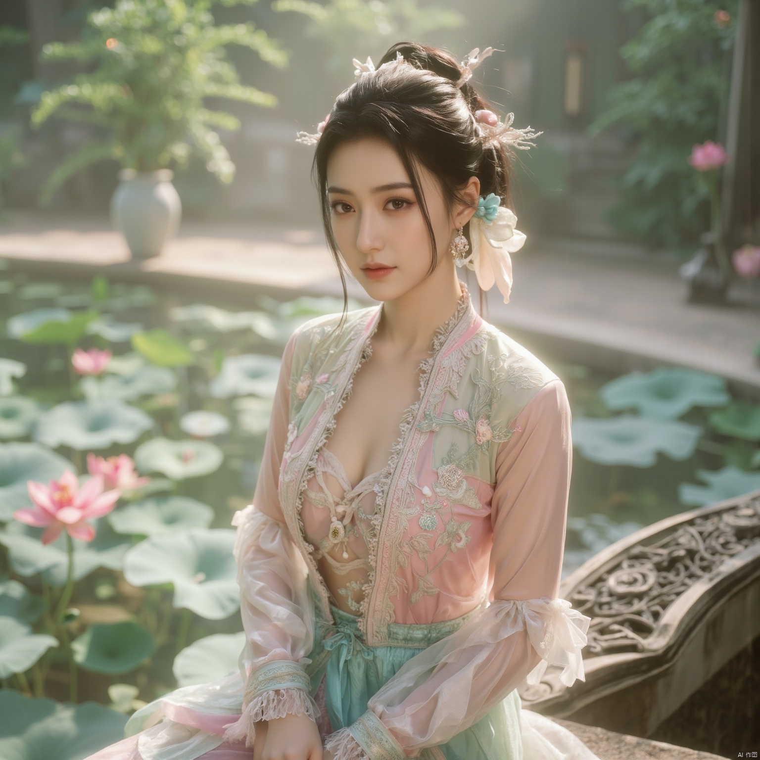 (1girl:1.1), (Lace pink-green skirt:1.39), on Stomach,aqua_earrings,Lights, lanterns, chang,(huge breasts:1.86),hanfu, Best quality, Realistic, photorealistic, masterpiece, extremely detailed CG unity 8k wallpaper, best illumination, best shadow, huge filesize ,(huge breasts:1.99) incredibly absurdres, absurdres, looking at viewer, transparent, smog, gauze, vase, petals, room, ancient Chinese style, detailed background, wide shot background,
(((black hair))),(Sitting on the lotus pond porch:1.49) ,(A pond full of pink lotus flowers:1.5),close up of 1girl,Hairpins,hair ornament,hair wings,slim,narrow waist,perfect eyes,beautiful perfect face,pleasant smile,perfect female figure,detailed skin,charming,alluring,seductive,erotic,enchanting,delicate pattern,detailed complex and rich exquisite clothing detail,delicate intricate fabrics,
Morning Serenade In the gentle morning glow, (a woman in a pink lotus-patterned Hanfu stands in an indoor courtyard:1.36),(Chinese traditional dragon and phoenix embroidered Hanfu:1.3), admiring the tranquil garden scenery. The lotus-patterned Hanfu, embellished with silver-thread embroidery, is softly illuminated by the morning light. The light mint green Hanfu imparts a sense of calm and freshness, adorned with delicate lotus patterns, with a blurred background to enhance the peaceful atmosphere, song_hanfu, tang_hanfu,Xhulianxin,Xyunxiao,Xningyao