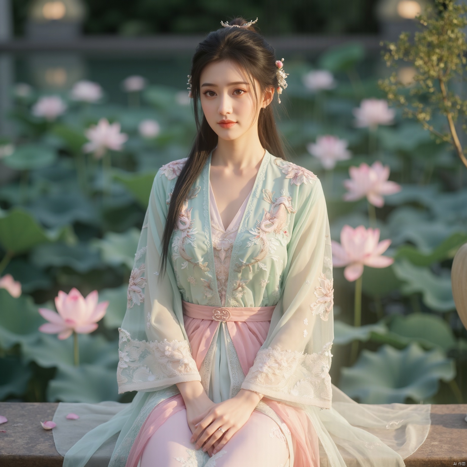  (1girl:1.1), (Lace pink-green skirt:1.39), on Stomach,aqua_earrings,Lights, lanterns, chang,(huge breasts:1.86),hanfu, Best quality, Realistic, photorealistic, masterpiece, extremely detailed CG unity 8k wallpaper, best illumination, best shadow, huge filesize ,(huge breasts:1.99) incredibly absurdres, absurdres, looking at viewer, transparent, smog, gauze, vase, petals, room, ancient Chinese style, detailed background, wide shot background,
(((black hair))),(Sitting on the lotus pond porch:1.49) ,(A pond full of pink lotus flowers:1.5),close up of 1girl,Hairpins,hair ornament,hair wings,slim,narrow waist,perfect eyes,beautiful perfect face,pleasant smile,perfect female figure,detailed skin,charming,alluring,seductive,erotic,enchanting,delicate pattern,detailed complex and rich exquisite clothing detail,delicate intricate fabrics,
Morning Serenade In the gentle morning glow, (a woman in a pink lotus-patterned Hanfu stands in an indoor courtyard:1.36),(Chinese traditional dragon and phoenix embroidered Hanfu:1.3), admiring the tranquil garden scenery. The lotus-patterned Hanfu, embellished with silver-thread embroidery, is softly illuminated by the morning light. The light mint green Hanfu imparts a sense of calm and freshness, adorned with delicate lotus patterns, with a blurred background to enhance the peaceful atmosphere, song_hanfu, tang_hanfu,Xhulianxin,Xyunxiao,Xningyao