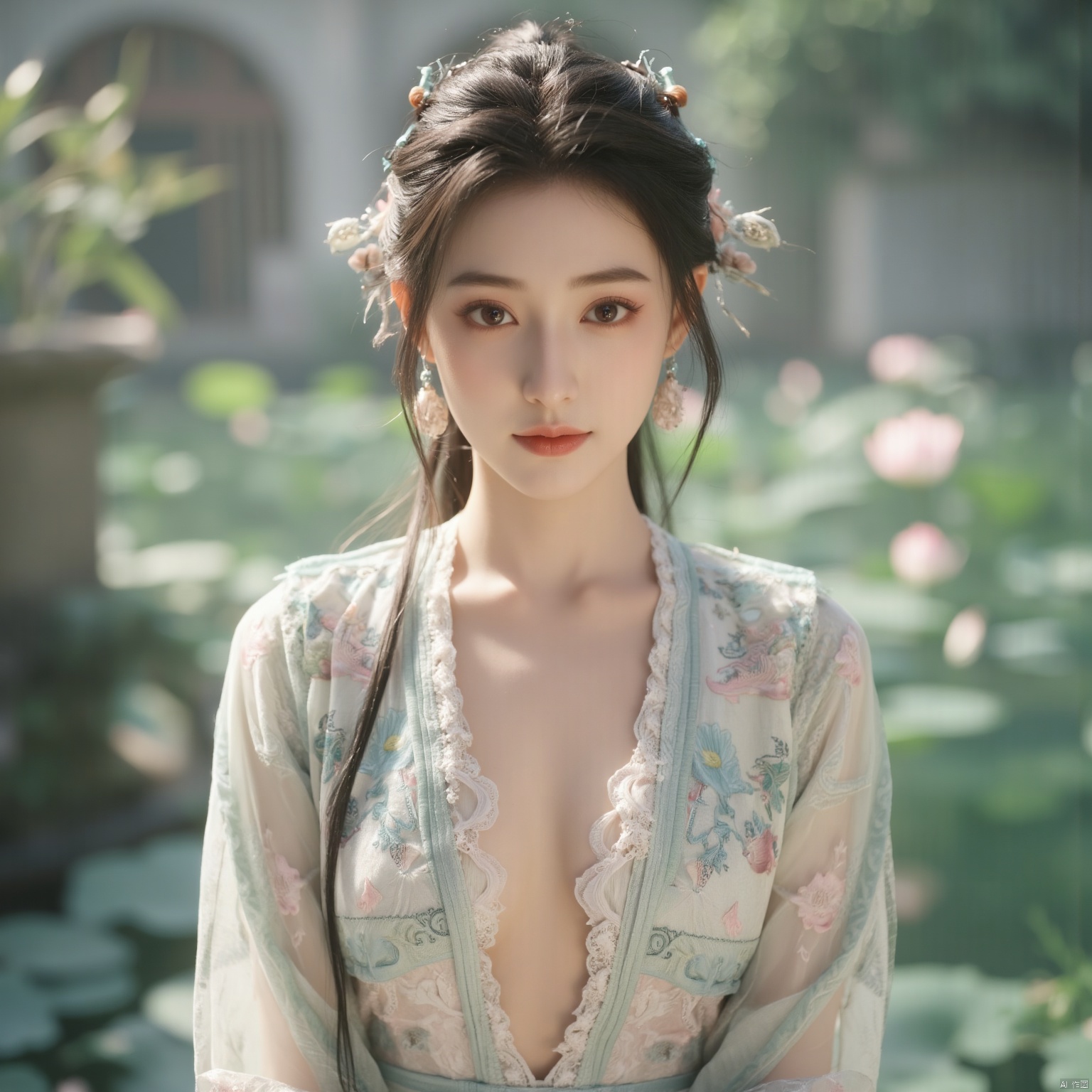  (1girl:1.1), (Lace pink-green skirt:1.39), on Stomach,aqua_earrings,Lights, lanterns, chang,(huge breasts:1.86),hanfu, Best quality, Realistic, photorealistic, masterpiece, extremely detailed CG unity 8k wallpaper, best illumination, best shadow, huge filesize ,(huge breasts:1.99) incredibly absurdres, absurdres, looking at viewer, transparent, smog, gauze, vase, petals, room, ancient Chinese style, detailed background, wide shot background,
(((black hair))),(Sitting on the lotus pond porch:1.49) ,(A pond full of pink lotus flowers:1.5),close up of 1girl,Hairpins,hair ornament,hair wings,slim,narrow waist,perfect eyes,beautiful perfect face,pleasant smile,perfect female figure,detailed skin,charming,alluring,seductive,erotic,enchanting,delicate pattern,detailed complex and rich exquisite clothing detail,delicate intricate fabrics,
Morning Serenade In the gentle morning glow, (a woman in a pink lotus-patterned Hanfu stands in an indoor courtyard:1.36),(Chinese traditional dragon and phoenix embroidered Hanfu:1.3), admiring the tranquil garden scenery. The lotus-patterned Hanfu, embellished with silver-thread embroidery, is softly illuminated by the morning light. The light mint green Hanfu imparts a sense of calm and freshness, adorned with delicate lotus patterns, with a blurred background to enhance the peaceful atmosphere, song_hanfu, tang_hanfu,Xhulianxin,Xyunxiao,Xningyao