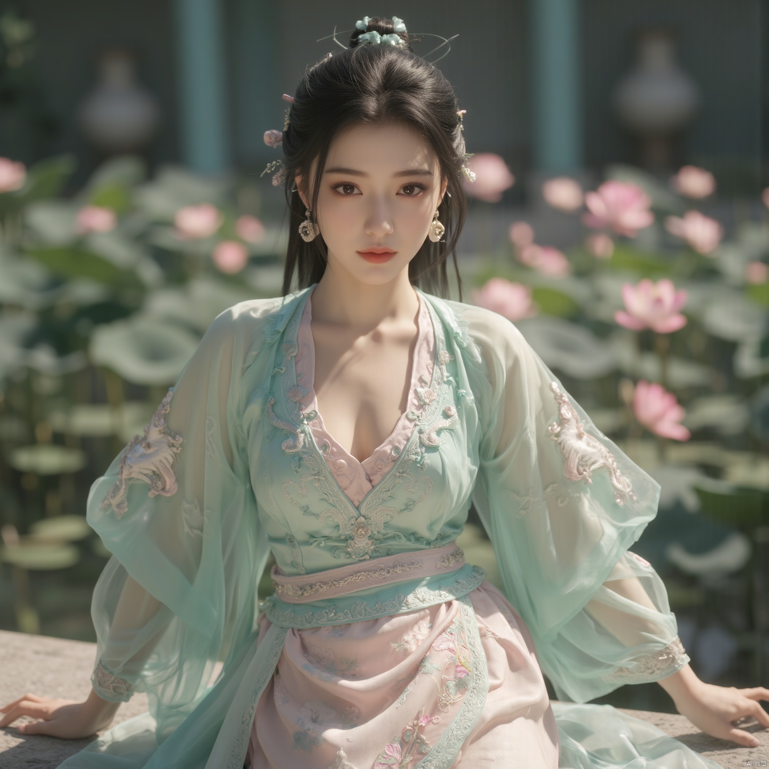  (1girl:1.1), (Lace pink-green skirt:1.39), on Stomach,aqua_earrings,Lights, lanterns, chang,(huge breasts:1.86),hanfu, Best quality, Realistic, photorealistic, masterpiece, extremely detailed CG unity 8k wallpaper, best illumination, best shadow, huge filesize ,(huge breasts:1.99) incredibly absurdres, absurdres, looking at viewer, transparent, smog, gauze, vase, petals, room, ancient Chinese style, detailed background, wide shot background,
(((black hair))),(Sitting on the lotus pond porch:1.49) ,(A pond full of pink lotus flowers:1.5),close up of 1girl,Hairpins,hair ornament,hair wings,slim,narrow waist,perfect eyes,beautiful perfect face,pleasant smile,perfect female figure,detailed skin,charming,alluring,seductive,erotic,enchanting,delicate pattern,detailed complex and rich exquisite clothing detail,delicate intricate fabrics,
Morning Serenade In the gentle morning glow, (a woman in a pink lotus-patterned Hanfu stands in an indoor courtyard:1.36),(Chinese traditional dragon and phoenix embroidered Hanfu:1.3), admiring the tranquil garden scenery. The lotus-patterned Hanfu, embellished with silver-thread embroidery, is softly illuminated by the morning light. The light mint green Hanfu imparts a sense of calm and freshness, adorned with delicate lotus patterns, with a blurred background to enhance the peaceful atmosphere, song_hanfu, tang_hanfu,Xhulianxin,Xyunxiao,Xningyao