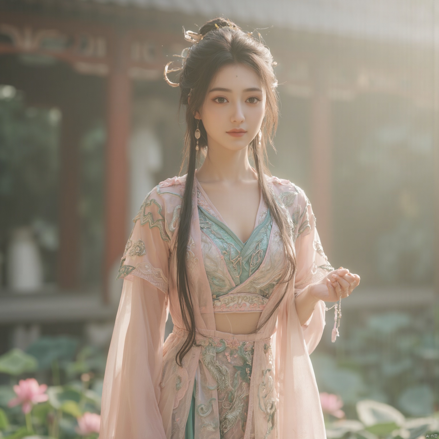  (1girl:1.1), (Lace pink-green skirt:1.39), on Stomach,aqua_earrings,Lights, lanterns, chang,(big breasts:1.56),hanfu, Best quality, Realistic, photorealistic, masterpiece, extremely detailed CG unity 8k wallpaper, best illumination, best shadow, huge filesize ,(huge breasts:1.59) incredibly absurdres, absurdres, looking at viewer, transparent, smog, gauze, vase, petals, room, ancient Chinese style, detailed background, wide shot background,
(((black hair))),(Sitting on the lotus pond porch:1.49) ,(A pond full of pink lotus flowers:1.5),close up of 1girl,Hairpins,hair ornament,hair wings,slim,narrow waist,perfect eyes,beautiful perfect face,pleasant smile,perfect female figure,detailed skin,charming,alluring,seductive,erotic,enchanting,delicate pattern,detailed complex and rich exquisite clothing detail,delicate intricate fabrics,
Morning Serenade In the gentle morning glow, (a woman in a pink lotus-patterned Hanfu stands in an indoor courtyard:1.36),(Chinese traditional dragon and phoenix embroidered Hanfu:1.3), admiring the tranquil garden scenery. The lotus-patterned Hanfu, embellished with silver-thread embroidery, is softly illuminated by the morning light. The light mint green Hanfu imparts a sense of calm and freshness, adorned with delicate lotus patterns, with a blurred background to enhance the peaceful atmosphere, song_hanfu, tang_hanfu