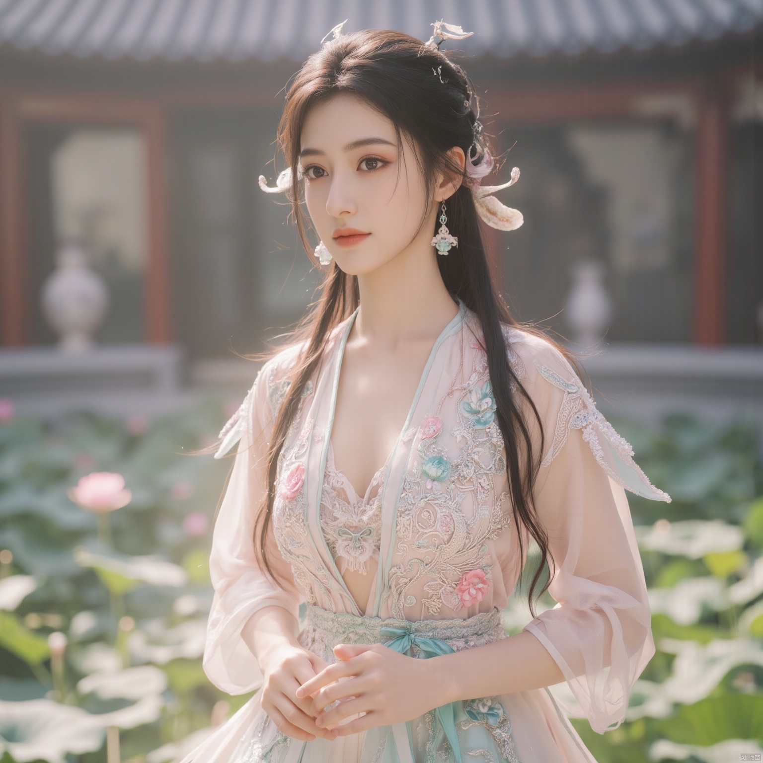  (1girl:1.1), (Lace pink-green skirt:1.39), on Stomach,aqua_earrings,Lights, lanterns, chang,(huge breasts:1.56),hanfu, Best quality, Realistic, photorealistic, masterpiece, extremely detailed CG unity 8k wallpaper, best illumination, best shadow, huge filesize ,(huge breasts:1.79) incredibly absurdres, absurdres, looking at viewer, transparent, smog, gauze, vase, petals, room, ancient Chinese style, detailed background, wide shot background,
(((black hair))),(Sitting on the lotus pond porch:1.49) ,(A pond full of pink lotus flowers:1.5),close up of 1girl,Hairpins,hair ornament,hair wings,slim,narrow waist,perfect eyes,beautiful perfect face,pleasant smile,perfect female figure,detailed skin,charming,alluring,seductive,erotic,enchanting,delicate pattern,detailed complex and rich exquisite clothing detail,delicate intricate fabrics,
Morning Serenade In the gentle morning glow, (a woman in a pink lotus-patterned Hanfu stands in an indoor courtyard:1.36),(Chinese traditional dragon and phoenix embroidered Hanfu:1.3), admiring the tranquil garden scenery. The lotus-patterned Hanfu, embellished with silver-thread embroidery, is softly illuminated by the morning light. The light mint green Hanfu imparts a sense of calm and freshness, adorned with delicate lotus patterns, with a blurred background to enhance the peaceful atmosphere, song_hanfu, tang_hanfu
