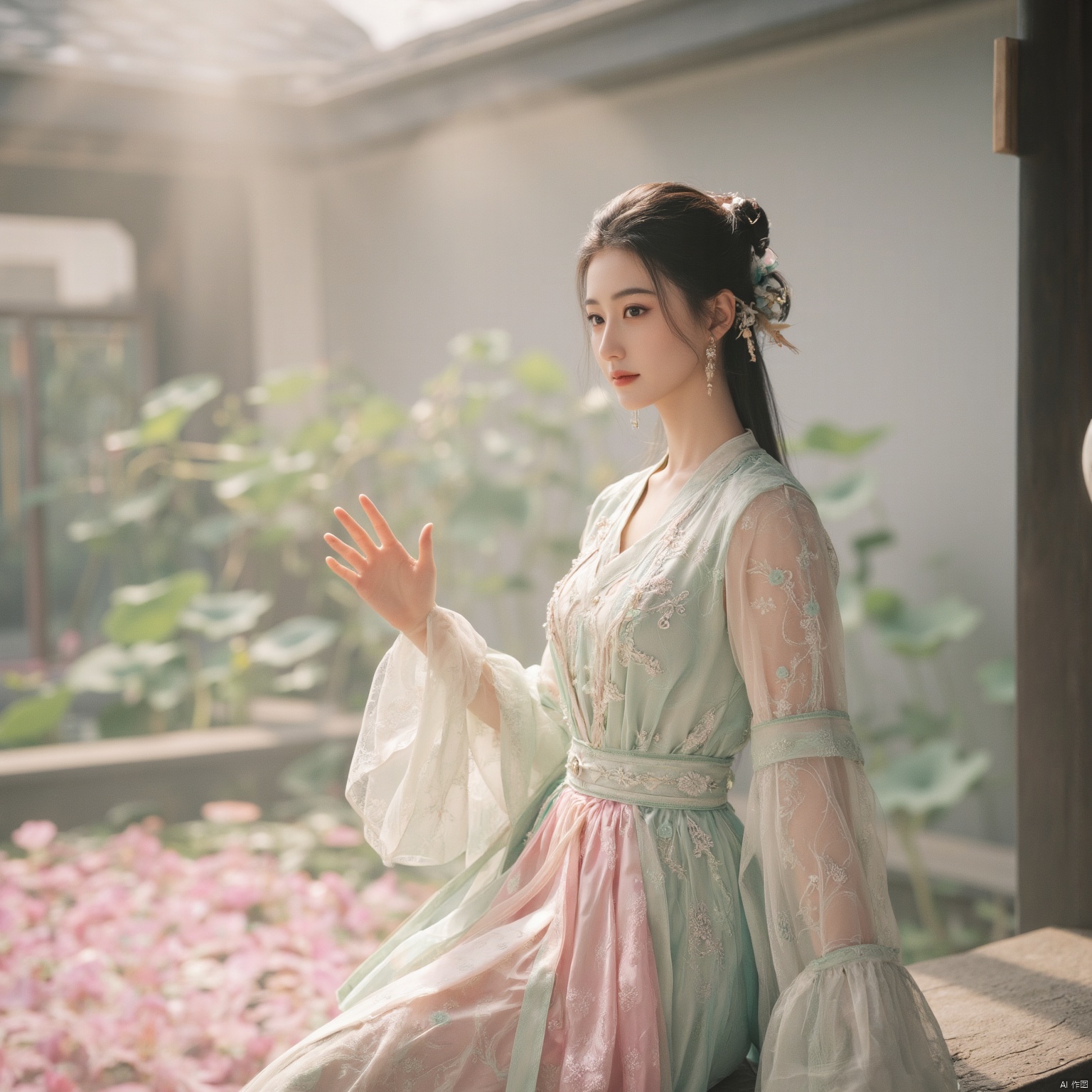  (1girl:1.1), (Lace pink-green skirt:1.39), on Stomach,aqua_earrings,Lights, lanterns, chang,(huge breasts:1.56),hanfu, Best quality, Realistic, photorealistic, masterpiece, extremely detailed CG unity 8k wallpaper, best illumination, best shadow, huge filesize ,(huge breasts:1.79) incredibly absurdres, absurdres, looking at viewer, transparent, smog, gauze, vase, petals, room, ancient Chinese style, detailed background, wide shot background,
(((black hair))),(Sitting on the lotus pond porch:1.49) ,(A pond full of pink lotus flowers:1.5),close up of 1girl,Hairpins,hair ornament,hair wings,slim,narrow waist,perfect eyes,beautiful perfect face,pleasant smile,perfect female figure,detailed skin,charming,alluring,seductive,erotic,enchanting,delicate pattern,detailed complex and rich exquisite clothing detail,delicate intricate fabrics,
Morning Serenade In the gentle morning glow, (a woman in a pink lotus-patterned Hanfu stands in an indoor courtyard:1.36),(Chinese traditional dragon and phoenix embroidered Hanfu:1.3), admiring the tranquil garden scenery. The lotus-patterned Hanfu, embellished with silver-thread embroidery, is softly illuminated by the morning light. The light mint green Hanfu imparts a sense of calm and freshness, adorned with delicate lotus patterns, with a blurred background to enhance the peaceful atmosphere, song_hanfu, tang_hanfu