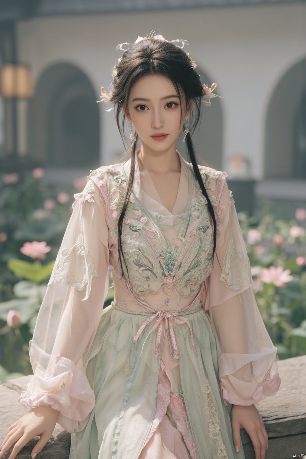  (1girl:1.1), (Lace pink-green skirt:1.39), on Stomach,aqua_earrings,Lights, lanterns, chang,(big breasts:1.56),hanfu, Best quality, Realistic, photorealistic, masterpiece, extremely detailed CG unity 8k wallpaper, best illumination, best shadow, huge filesize ,(huge breasts:1.59) incredibly absurdres, absurdres, looking at viewer, transparent, smog, gauze, vase, petals, room, ancient Chinese style, detailed background, wide shot background,
(((black hair))),(Sitting on the lotus pond porch:1.49) ,(A pond full of pink lotus flowers:1.5),close up of 1girl,Hairpins,hair ornament,hair wings,slim,narrow waist,perfect eyes,beautiful perfect face,pleasant smile,perfect female figure,detailed skin,charming,alluring,seductive,erotic,enchanting,delicate pattern,detailed complex and rich exquisite clothing detail,delicate intricate fabrics,
Morning Serenade In the gentle morning glow, (a woman in a pink lotus-patterned Hanfu stands in an indoor courtyard:1.36),(Chinese traditional dragon and phoenix embroidered Hanfu:1.3), admiring the tranquil garden scenery. The lotus-patterned Hanfu, embellished with silver-thread embroidery, is softly illuminated by the morning light. The light mint green Hanfu imparts a sense of calm and freshness, adorned with delicate lotus patterns, with a blurred background to enhance the peaceful atmosphere, song_hanfu, tang_hanfu