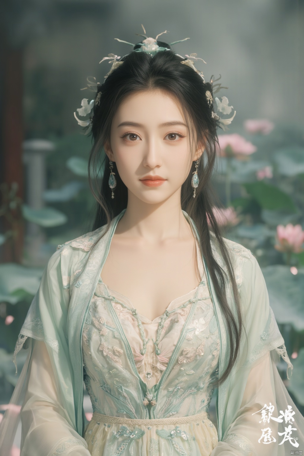  (1girl:1.1), (Lace pink-green skirt:1.39), on Stomach,aqua_earrings,Lights, lanterns, chang,(big breasts:1.56),hanfu, Best quality, Realistic, photorealistic, masterpiece, extremely detailed CG unity 8k wallpaper, best illumination, best shadow, huge filesize ,(huge breasts:1.59) incredibly absurdres, absurdres, looking at viewer, transparent, smog, gauze, vase, petals, room, ancient Chinese style, detailed background, wide shot background,
(((black hair))),(Sitting on the lotus pond porch:1.49) ,(A pond full of pink lotus flowers:1.5),close up of 1girl,Hairpins,hair ornament,hair wings,slim,narrow waist,perfect eyes,beautiful perfect face,pleasant smile,perfect female figure,detailed skin,charming,alluring,seductive,erotic,enchanting,delicate pattern,detailed complex and rich exquisite clothing detail,delicate intricate fabrics,
Morning Serenade In the gentle morning glow, (a woman in a pink lotus-patterned Hanfu stands in an indoor courtyard:1.36),(Chinese traditional dragon and phoenix embroidered Hanfu:1.3), admiring the tranquil garden scenery. The lotus-patterned Hanfu, embellished with silver-thread embroidery, is softly illuminated by the morning light. The light mint green Hanfu imparts a sense of calm and freshness, adorned with delicate lotus patterns, with a blurred background to enhance the peaceful atmosphere, song_hanfu, tang_hanfu