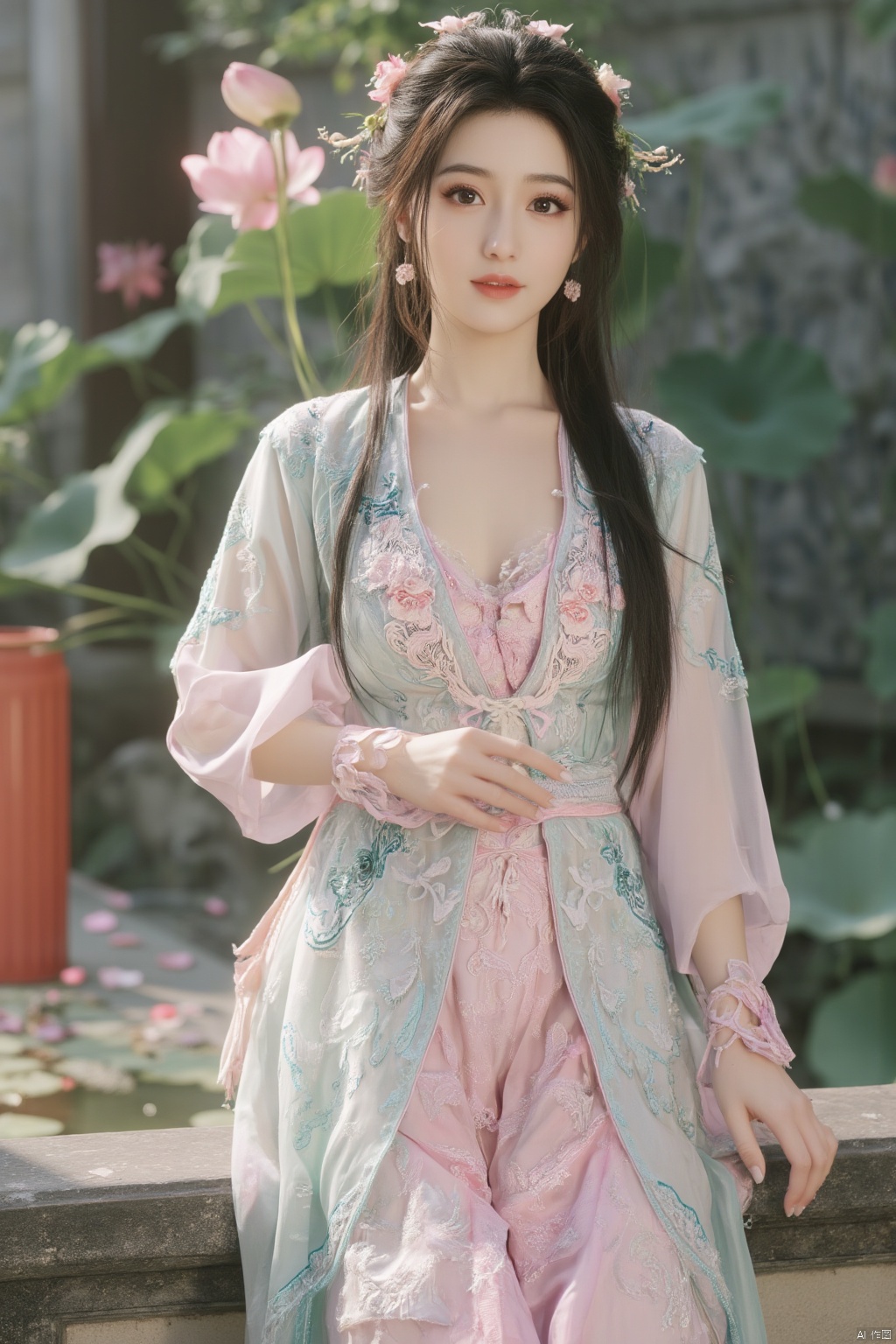  (1girl:1.1), (Lace pink-green skirt:1.39), on Stomach,aqua_earrings,Lights, lanterns, chang,(big breasts:1.56),hanfu, Best quality, Realistic, photorealistic, masterpiece, extremely detailed CG unity 8k wallpaper, best illumination, best shadow, huge filesize ,(huge breasts:1.59) incredibly absurdres, absurdres, looking at viewer, transparent, smog, gauze, vase, petals, room, ancient Chinese style, detailed background, wide shot background,
(((black hair))),(Sitting on the lotus pond porch:1.49) ,(A pond full of pink lotus flowers:1.5),close up of 1girl,Hairpins,hair ornament,hair wings,slim,narrow waist,perfect eyes,beautiful perfect face,pleasant smile,perfect female figure,detailed skin,charming,alluring,seductive,erotic,enchanting,delicate pattern,detailed complex and rich exquisite clothing detail,delicate intricate fabrics,
Morning Serenade In the gentle morning glow, (a woman in a pink lotus-patterned Hanfu stands in an indoor courtyard:1.36),(Chinese traditional dragon and phoenix embroidered Hanfu:1.3), admiring the tranquil garden scenery. The lotus-patterned Hanfu, embellished with silver-thread embroidery, is softly illuminated by the morning light. The light mint green Hanfu imparts a sense of calm and freshness, adorned with delicate lotus patterns, with a blurred background to enhance the peaceful atmosphere, song_hanfu, tang_hanfu