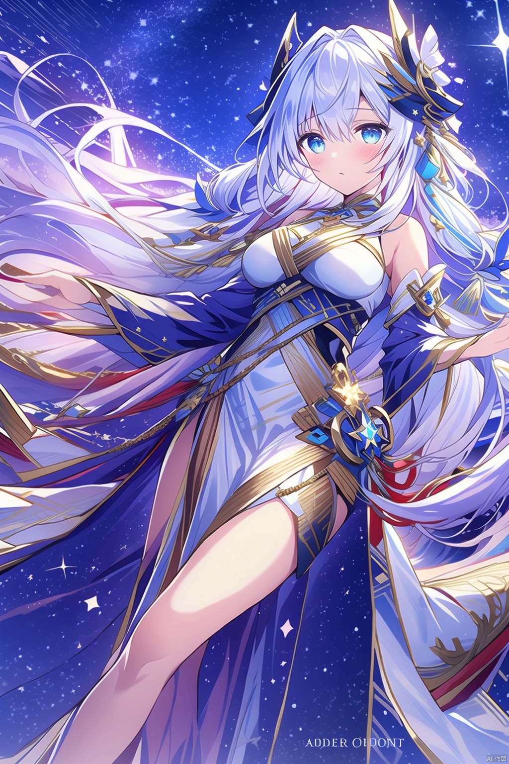 1girl solo long hair breasts bangs blue eyes hair ornament dress holding bare shoulders medium breasts very long hair white hair sky white dress copyright name feet out of frame star \(sky\) starry sky