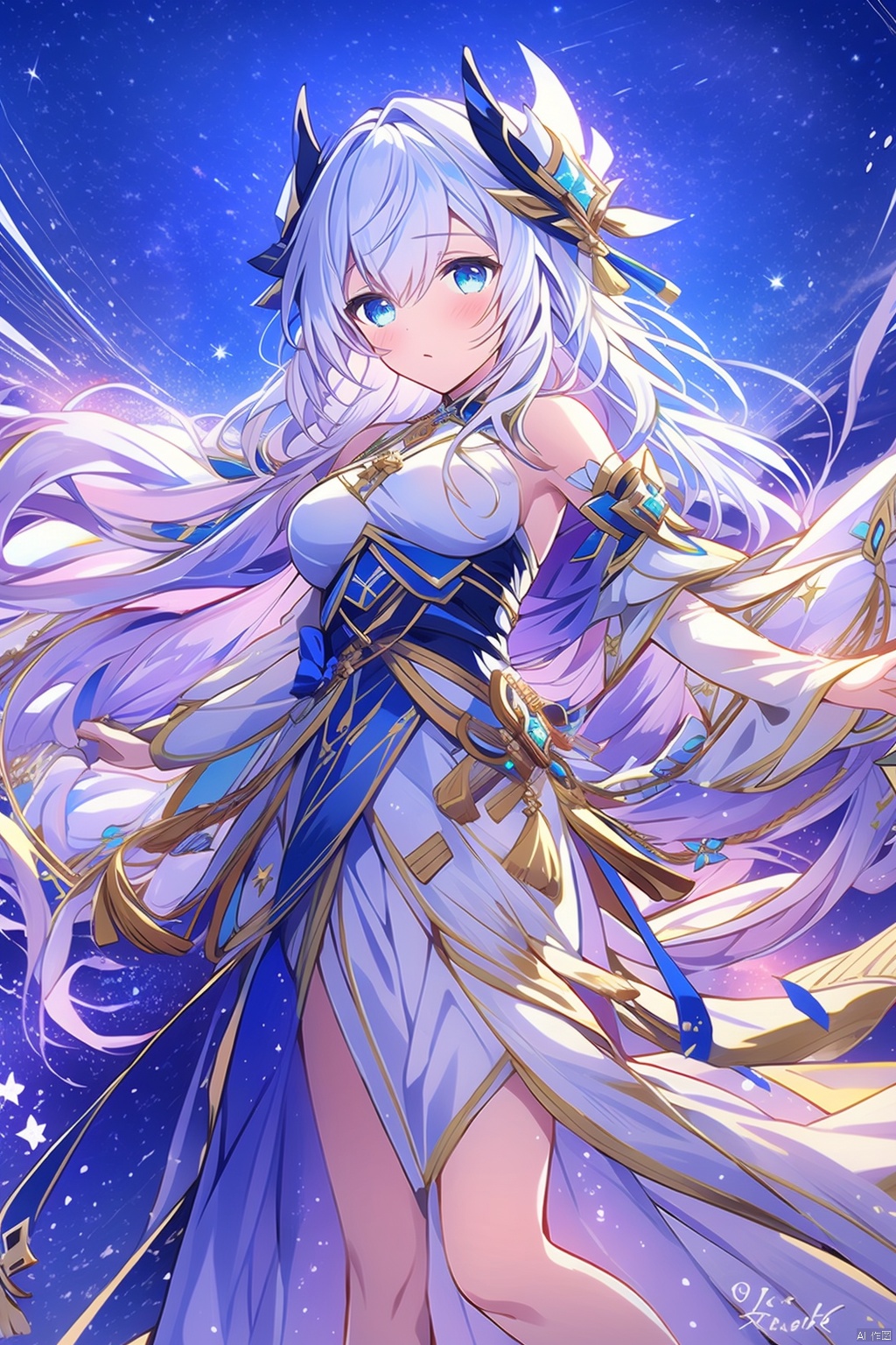 1girl solo long hair breasts bangs blue eyes hair ornament dress holding bare shoulders medium breasts very long hair white hair sky white dress copyright name feet out of frame star \(sky\) starry sky