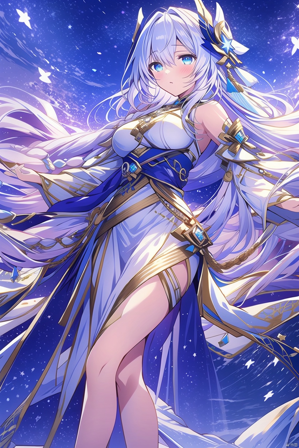 1girl solo long hair breasts bangs blue eyes hair ornament dress holding bare shoulders medium breasts very long hair white hair sky white dress copyright name feet out of frame star \(sky\) starry sky