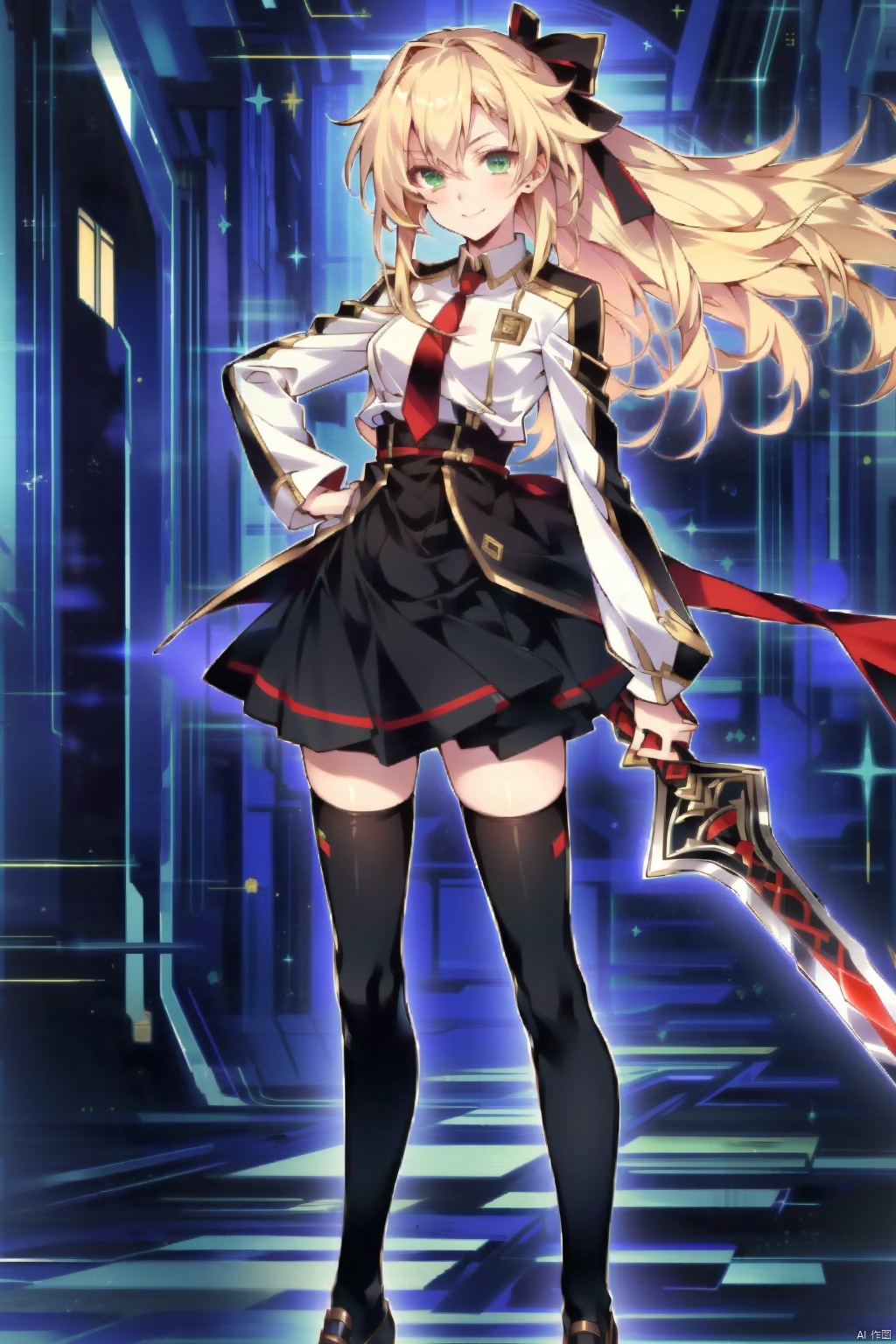 1girl, solo, long hair, looking at viewer, smile, skirt, blonde hair, thighhighs, long sleeves, dress, ribbon, holding, green eyes, standing, full body, hair ribbon, weapon, necktie, sword, black thighhighs, holding weapon, zettai ryouiki, hand on hip, holding sword
