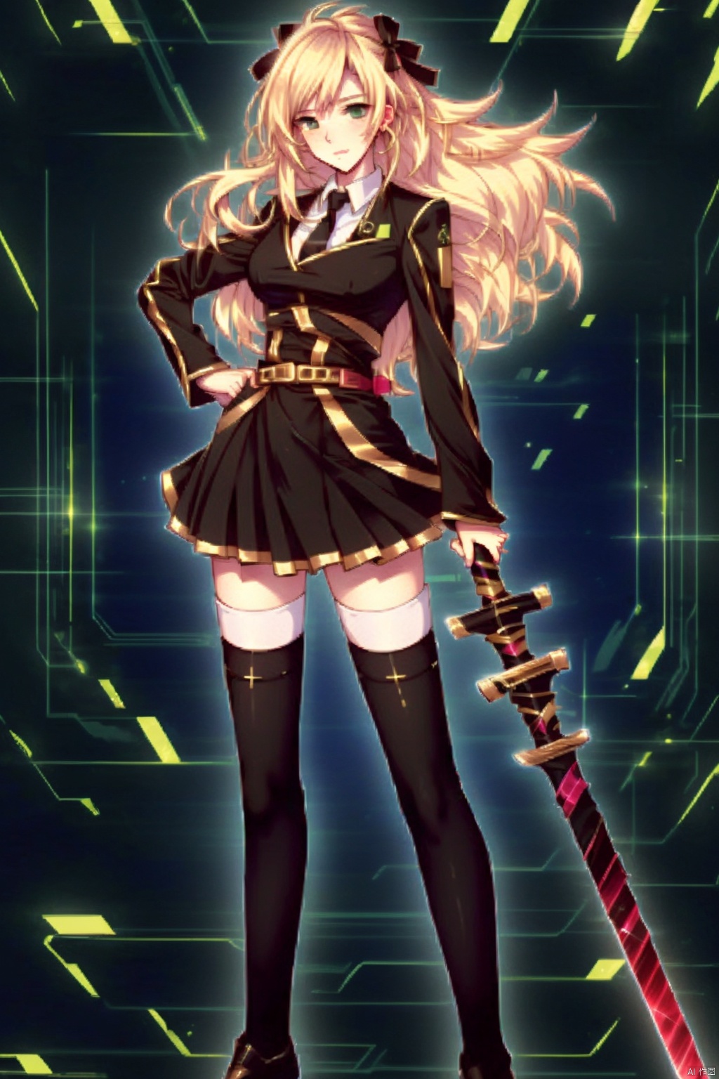 1girl solo long hair looking at viewer smile skirt blonde hair thighhighs long sleeves dress ribbon holding green eyes standing full body hair ribbon weapon necktie sword black thighhighs holding weapon hand on hip holding sword