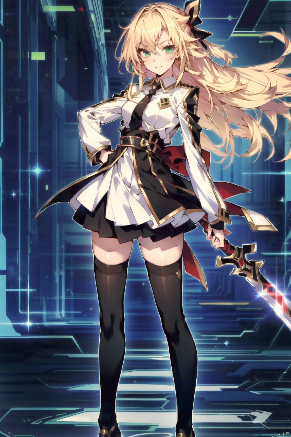 1girl, solo, long hair, looking at viewer, smile, skirt, blonde hair, thighhighs, long sleeves, dress, ribbon, holding, green eyes, standing, full body, hair ribbon, weapon, necktie, sword, black thighhighs, holding weapon, zettai ryouiki, hand on hip, holding sword