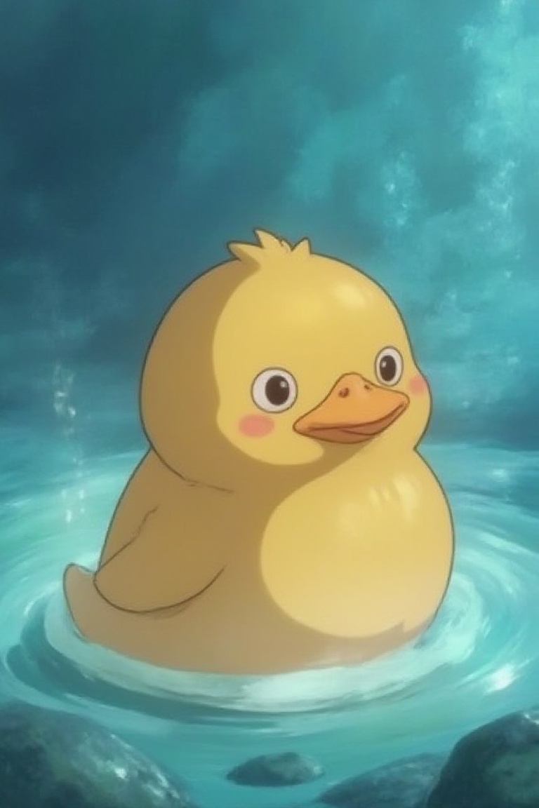 Create a delightful 2D image of a kawaii wizard duck,  complete with a chubby body and pouty beak,  set against a mystical...