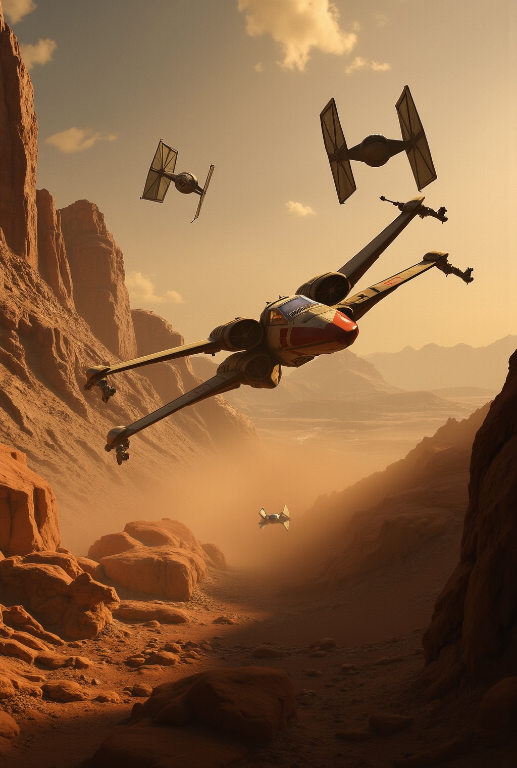 On a desolate alien planet,  a sleek X-Wing jetfighter zips through the rugged terrain,  chased by two aggressive TIE Figh...