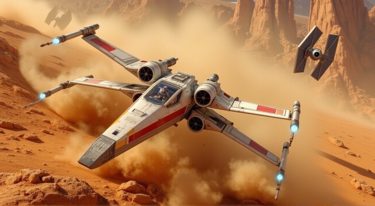On a desolate alien planet,  a sleek X-Wing jetfighter zips through the rugged terrain,  chased by two aggressive TIE Figh...