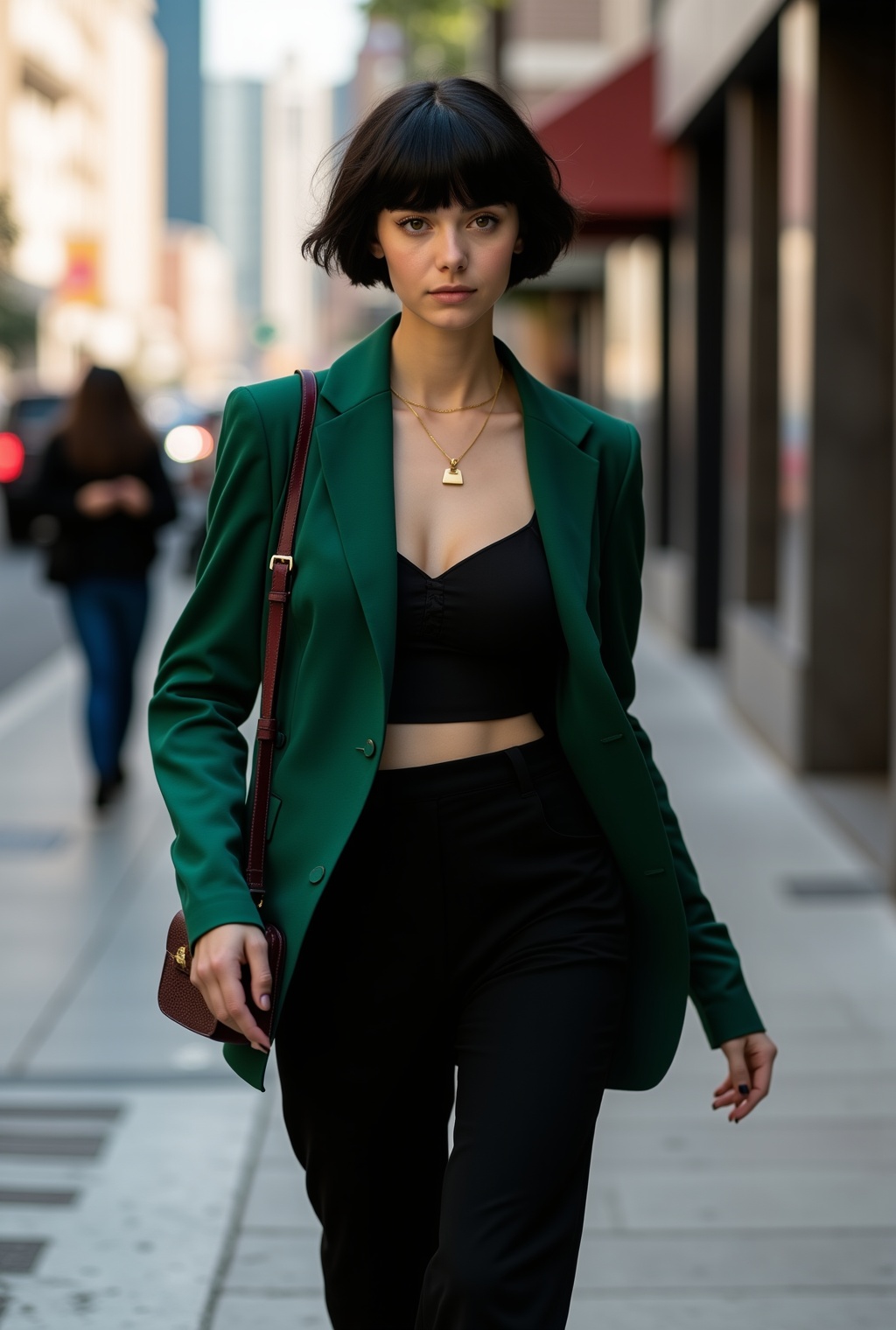 A stunning 20-year-old woman with a modern,  sophisticated style,  confidently walking through a trendy urban district. He...