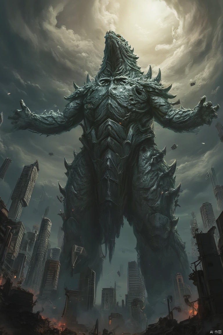 A colossal, wide-shot of a BOSSGUI-themed mega monster, its form towering over the landscape with an air of overwhelming power. The creature stands with its head raised and arms outstretched, as if roaring to the sky. The background is a devastated cityscape, with crumbling buildings and a sky filled with dark, swirling clouds. The composition is centered on the monster, with a dynamic pose that captures its immense size and the intricate details of its scales and limbs. The lighting is dramatic, with the cityscape casting a contrasting light that highlights the monster's features and the chaotic atmosphere of the scene, creating a sense of awe and impending doom.