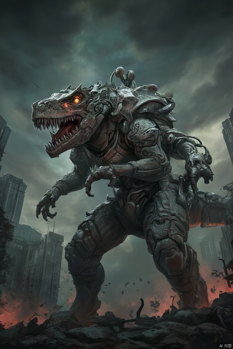 A thrilling, full-body shot of a BOSSGUI-themed dinosaur-mech hybrid monster, its form a blend of prehistoric features and advanced robotics. The creature stands menacingly, with its metallic claws extended and head lowered, ready to strike. The background is a post-apocalyptic cityscape, with crumbling buildings and a sky filled with dark, ominous clouds. The composition is centered on the monster, with a dynamic pose that captures its powerful presence and the intricate details of its mechanical and organic components. The lighting is dramatic, with the cityscape casting a contrasting light that highlights the monster's features and the chaotic atmosphere of the scene, creating a sense of impending doom and technological horror.